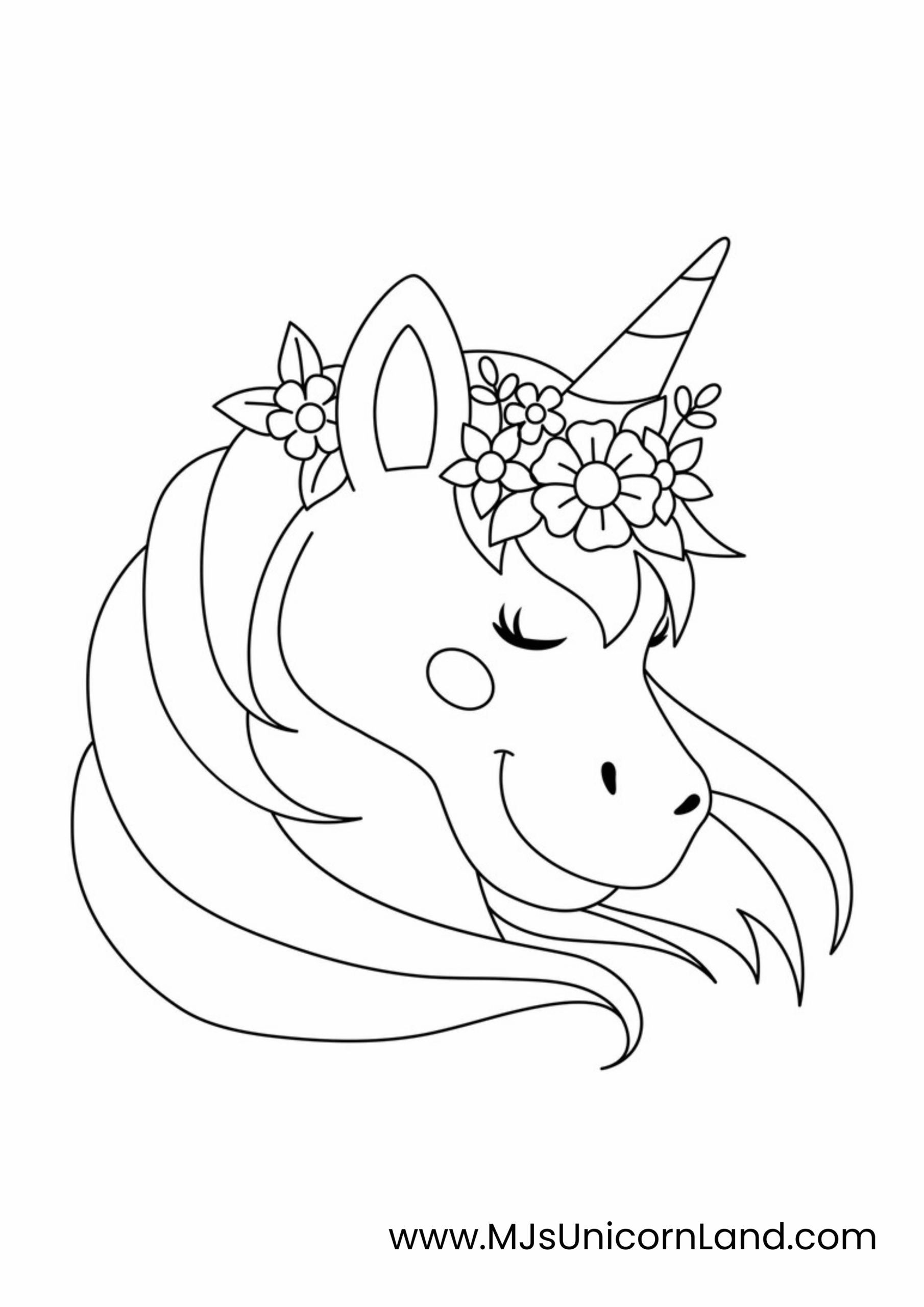 A cute unicorn head coloring page with a simple flower crown, ideal for young children.