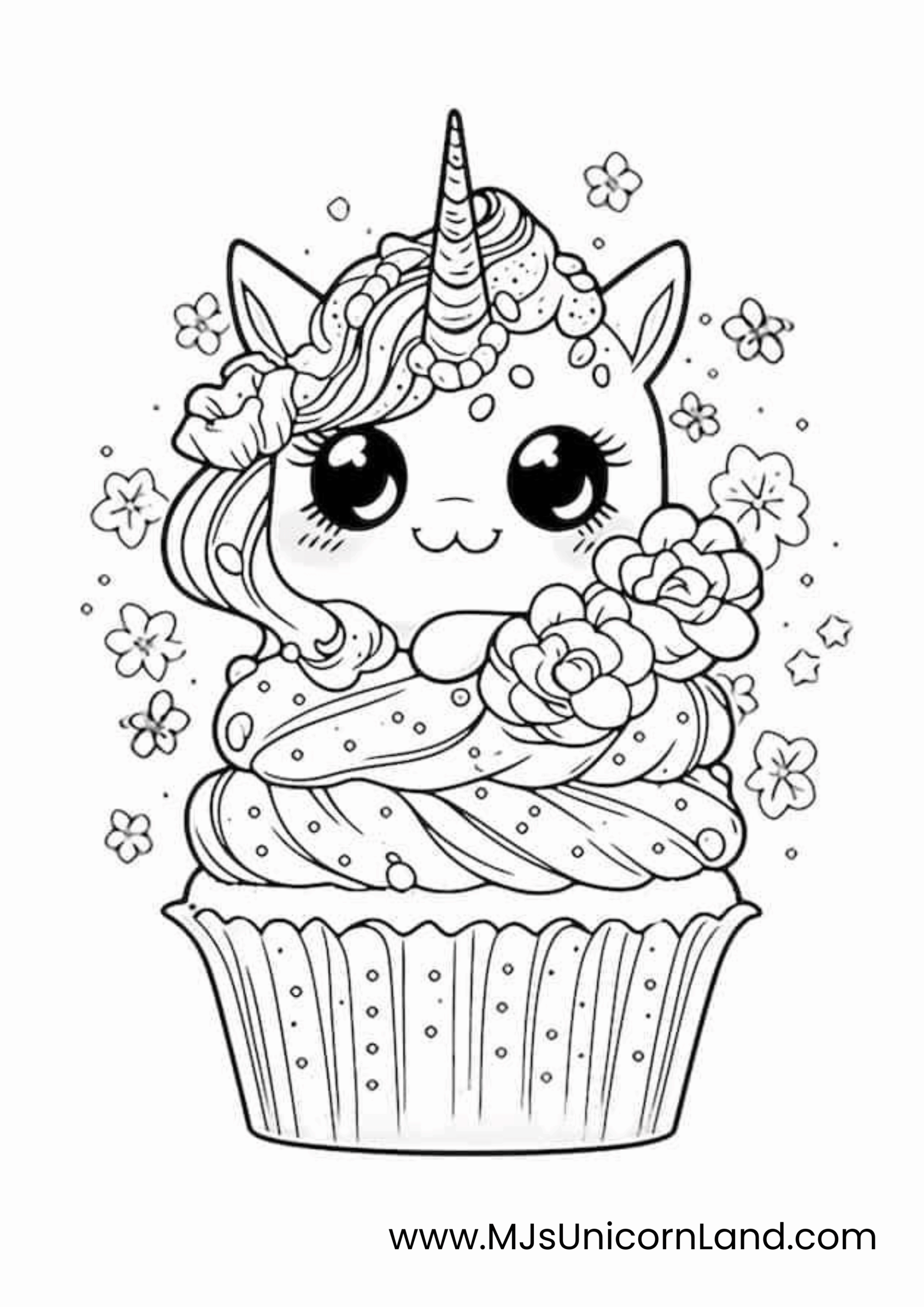 A cute coloring page of a chibi unicorn head with large eyes and a smile, sitting on top of a large, frosted cupcake decorated with roses and flowers.