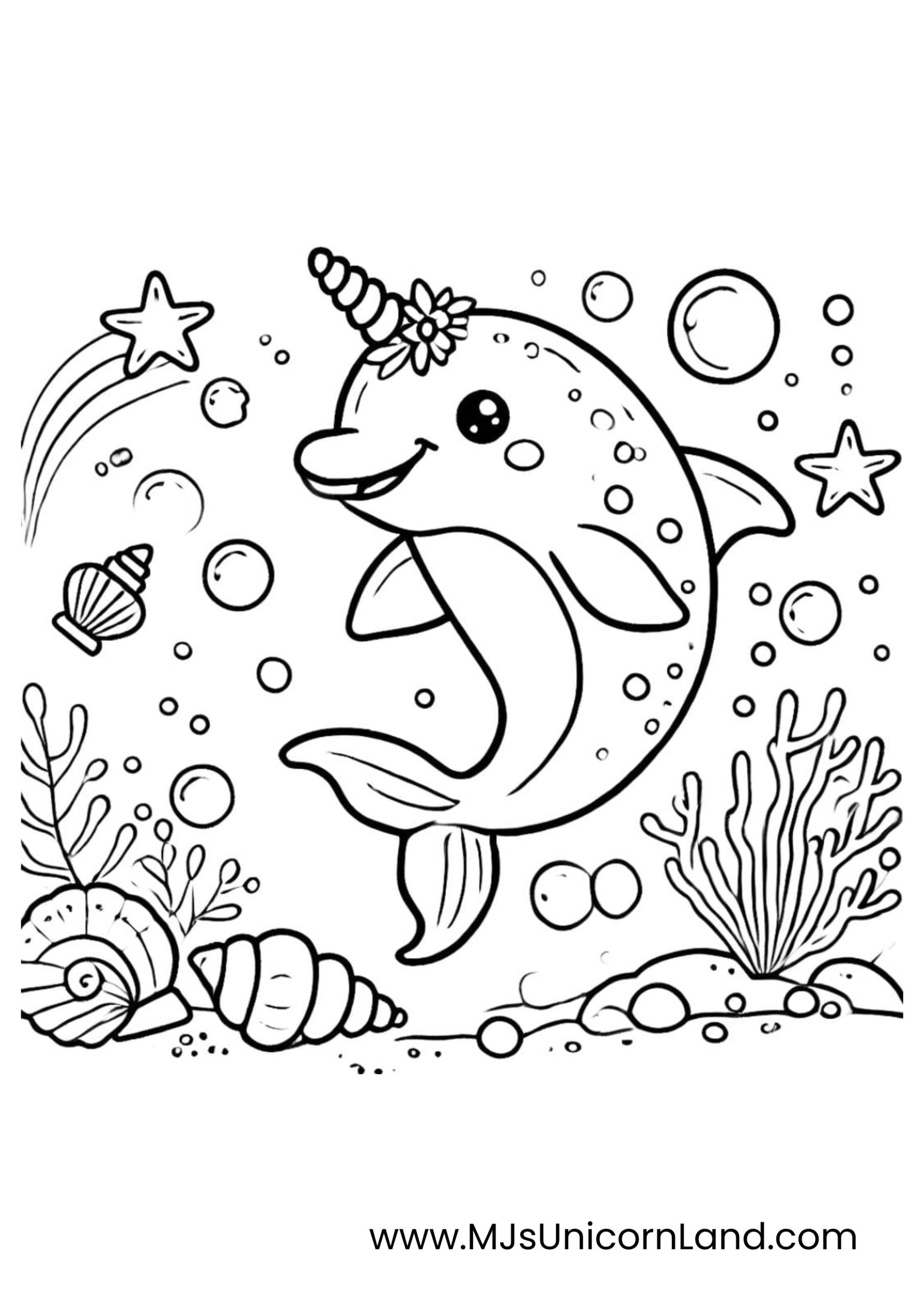 A whimsical line art coloring page of a narwhal or a "unidolphin" with a unicorn horn and flower on its head, swimming in an underwater scene with seaweed, seashells, and starfish.