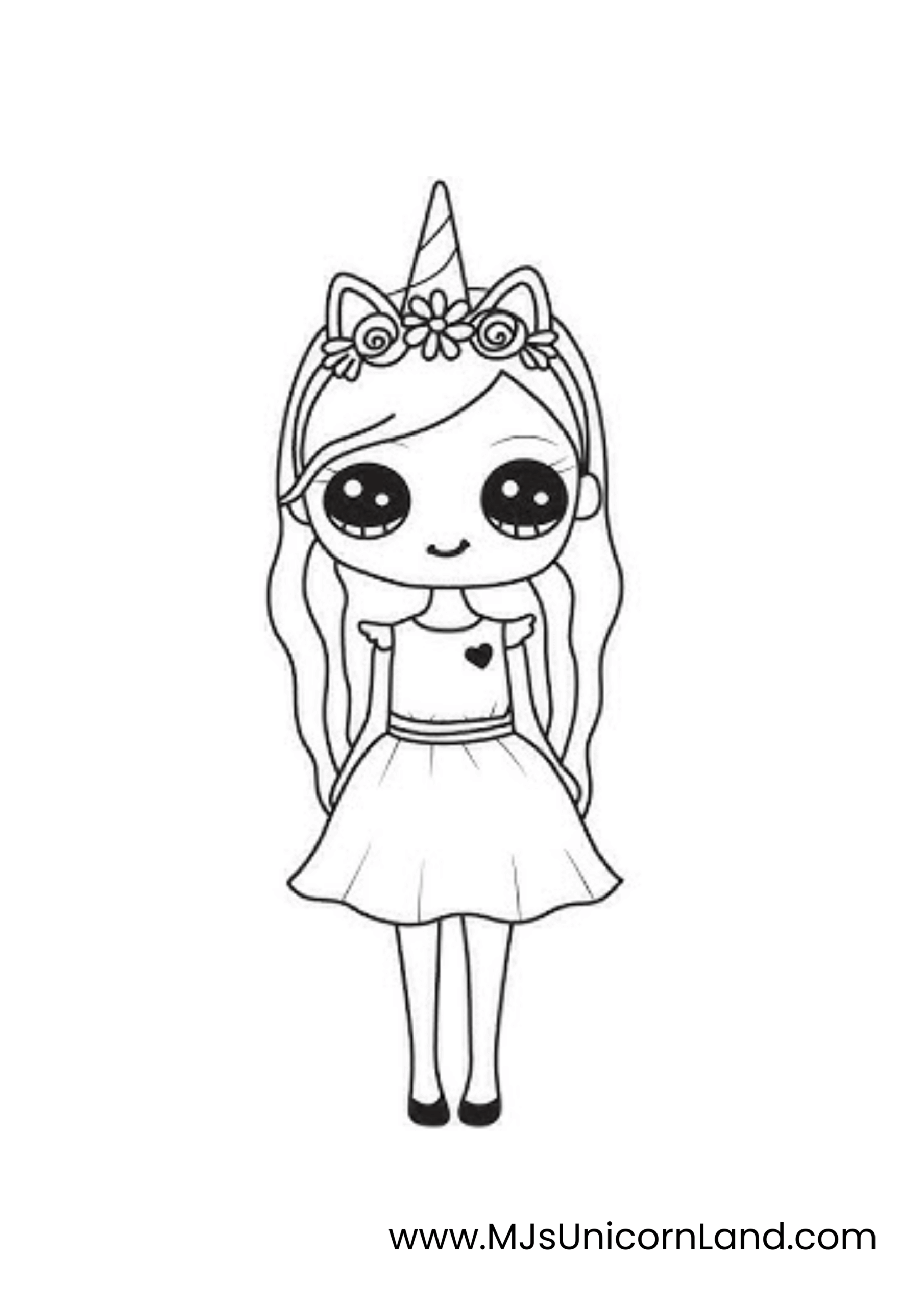 A line art coloring page of a cute doll-like girl with long hair, large eyes, and a floral headband with unicorn ears and a horn.