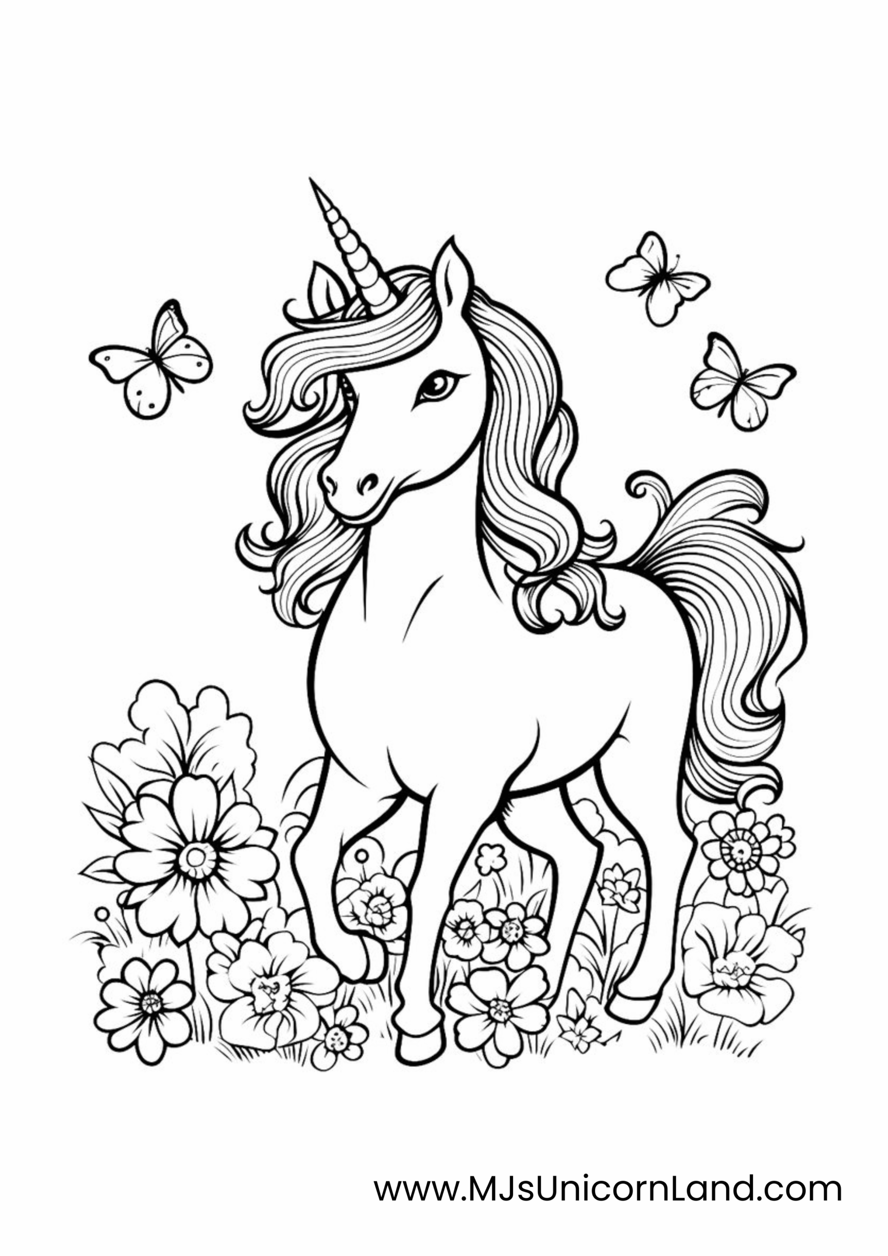 A charming coloring page of a unicorn standing in a field of flowers with butterflies fluttering around it.
