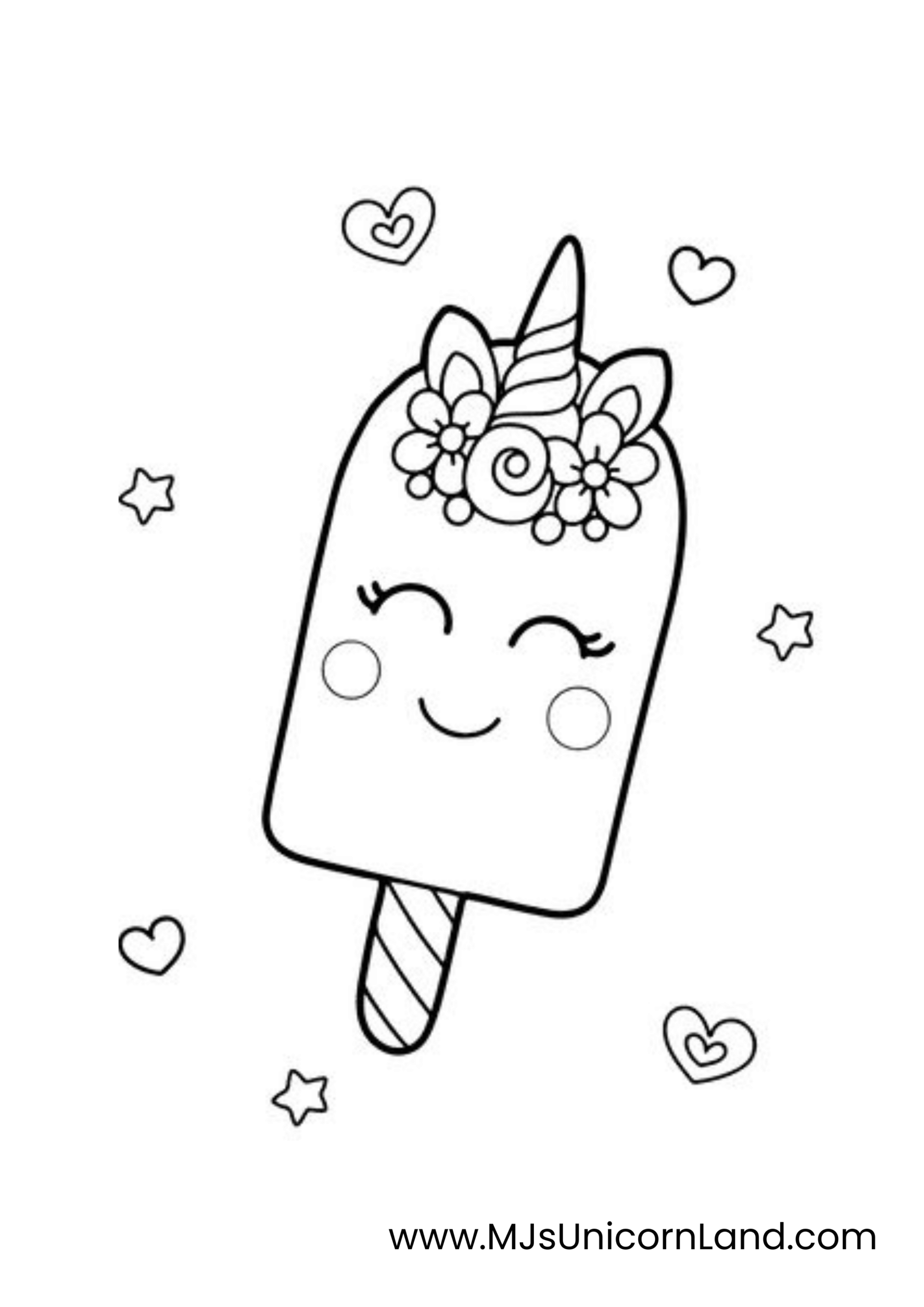A cute coloring page of a unicorn-themed popsicle on a stick, featuring a smiling face, a horn, a floral headband, and floating hearts and stars.