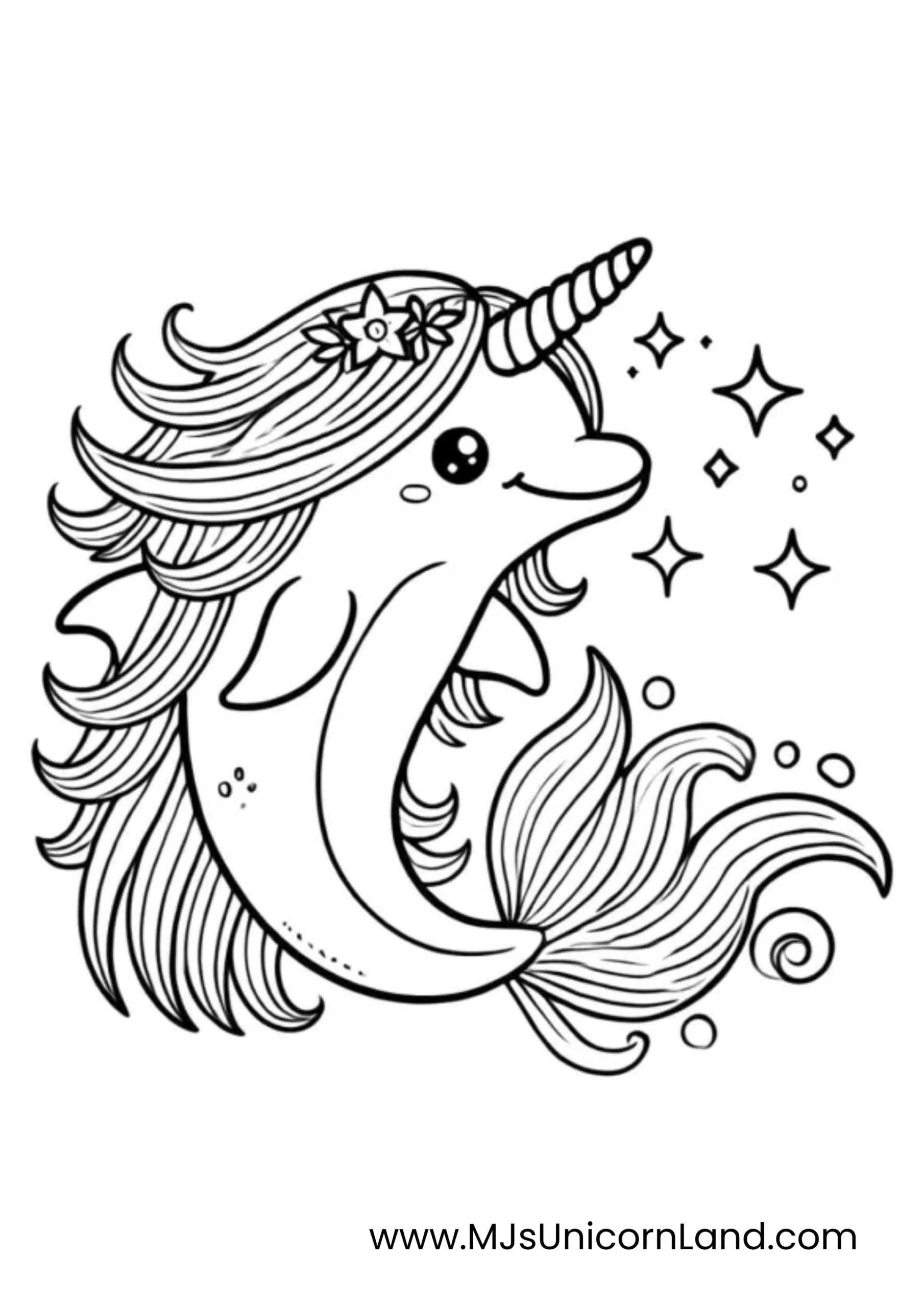 A line art coloring page of a cute narwhal or "unidolphin" with a unicorn horn, a flowing mane, and a flower on its head, smiling happily with stars and sparkles around it.