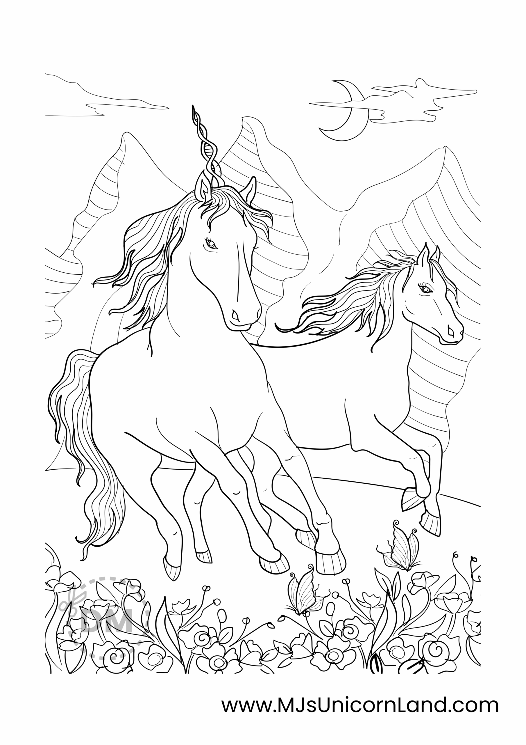 A detailed coloring page of a majestic unicorn and its horse companion running together through a rugged mountain landscape under a crescent moon.