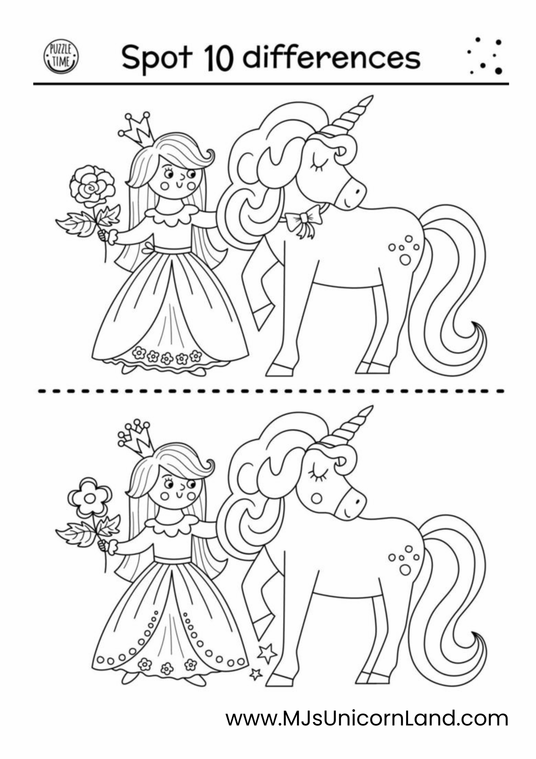 A "Spot 10 differences" puzzle with a unicorn and a princess.