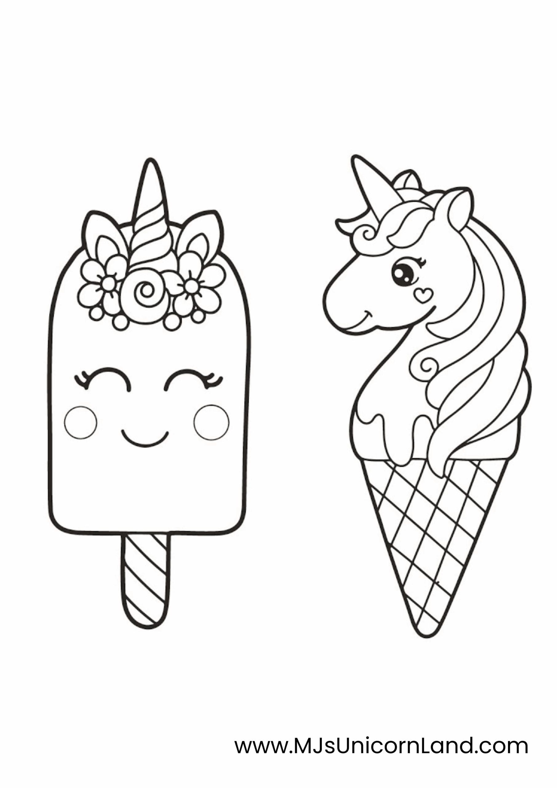 A cute coloring page showing a unicorn-themed popsicle next to a unicorn ice cream cone, both featuring horns and flowing manes.