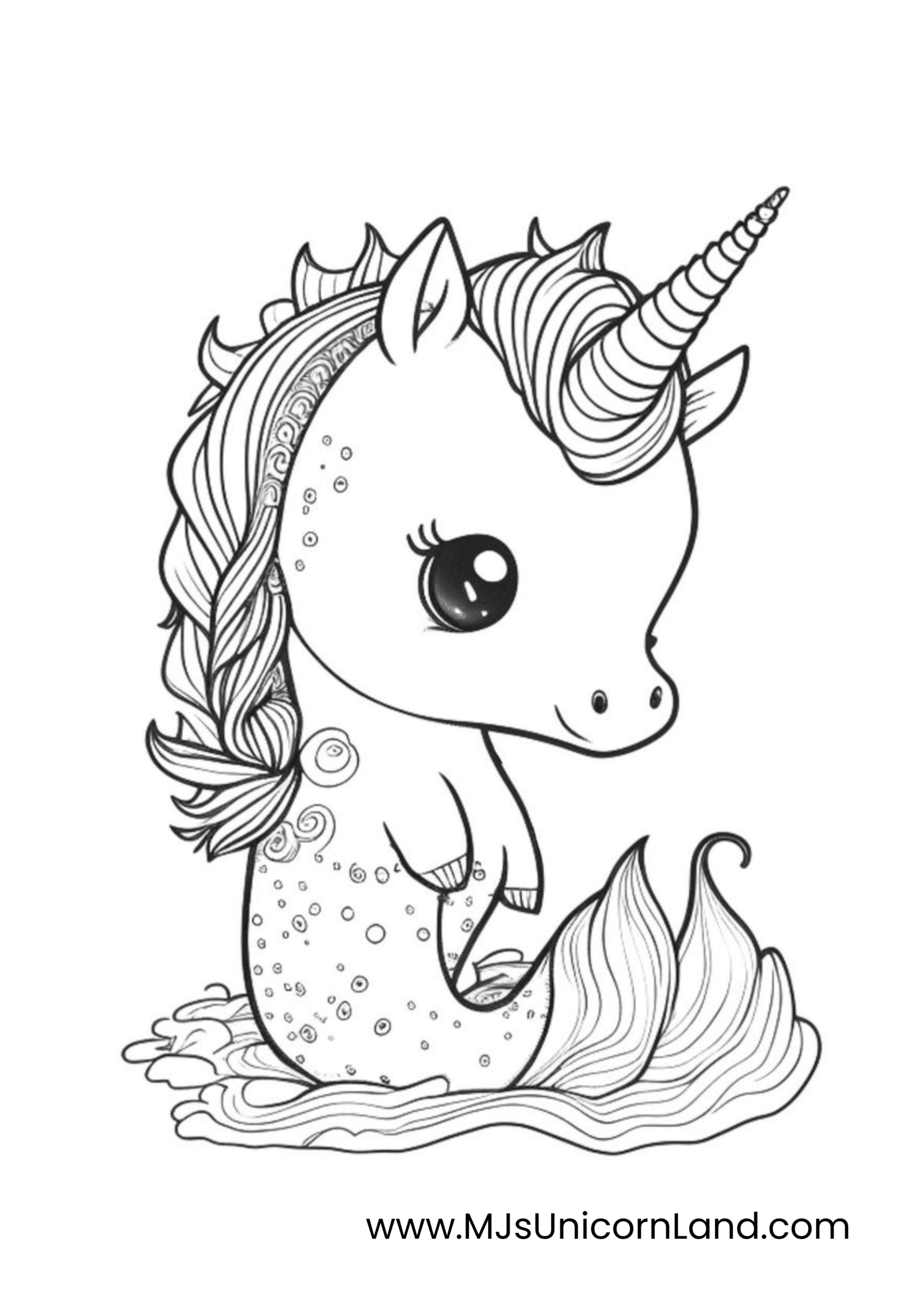 A line art coloring page of a cute baby unicorn, or "seahorse," with a mermaid tail, a spiky mane, and large eyes.