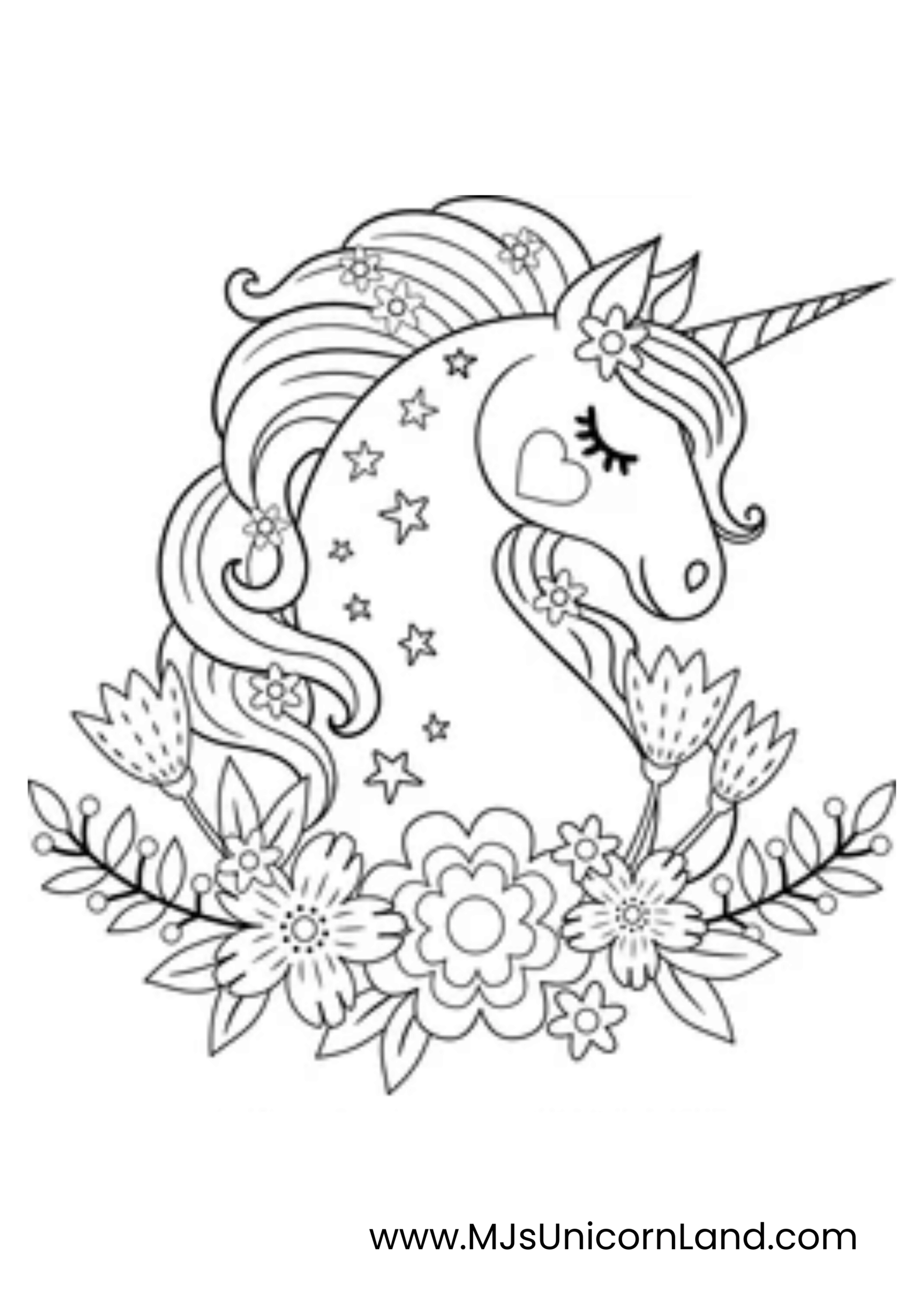 A line art coloring page showing the head and neck of a majestic unicorn with a closed eye and a heart on its cheek. The unicorn is framed by detailed flowers and swirling leaves.