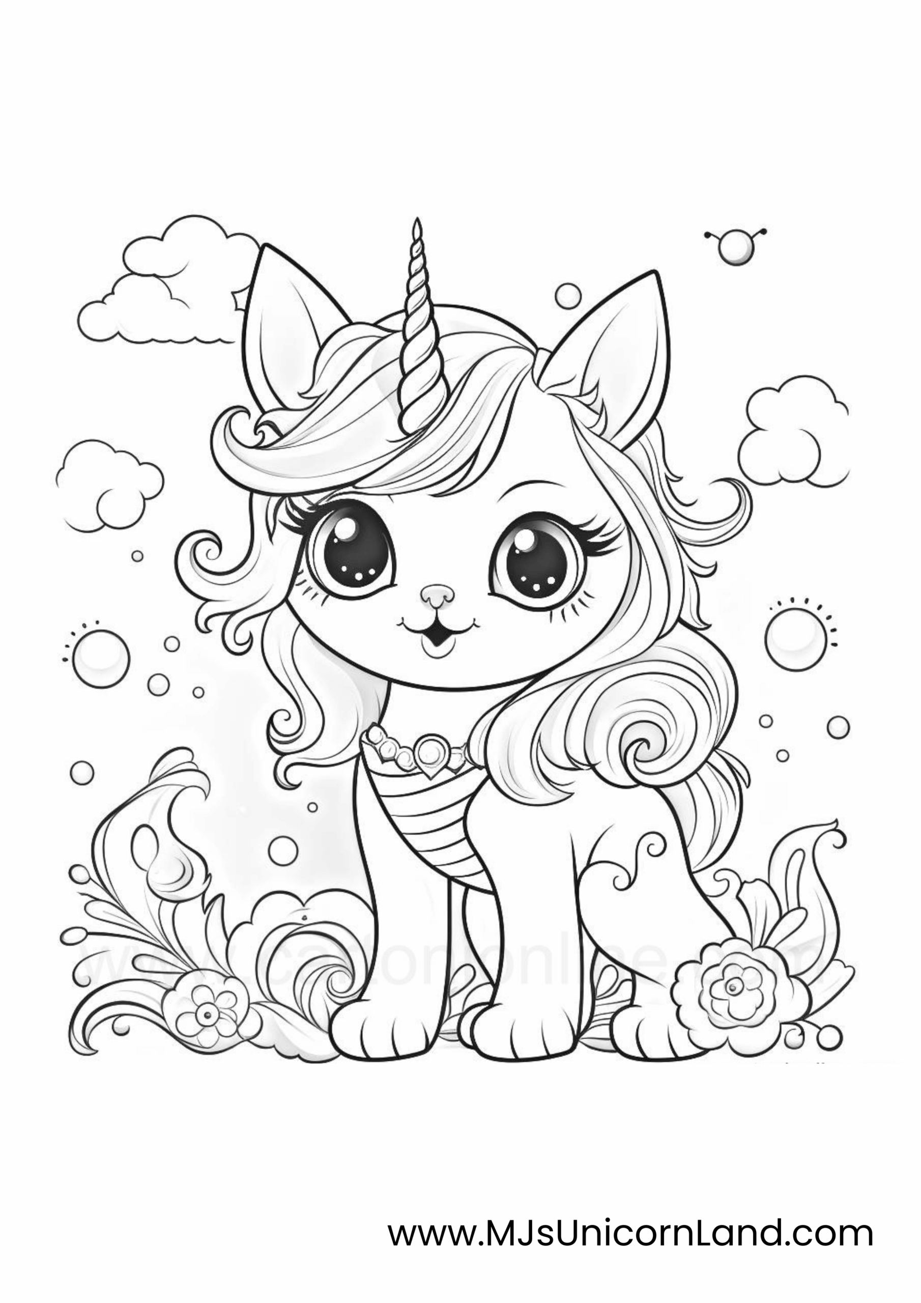 A line art coloring page of a cute unicorn cat with a unicorn horn and fluffy hair, sitting in a field of flowers.