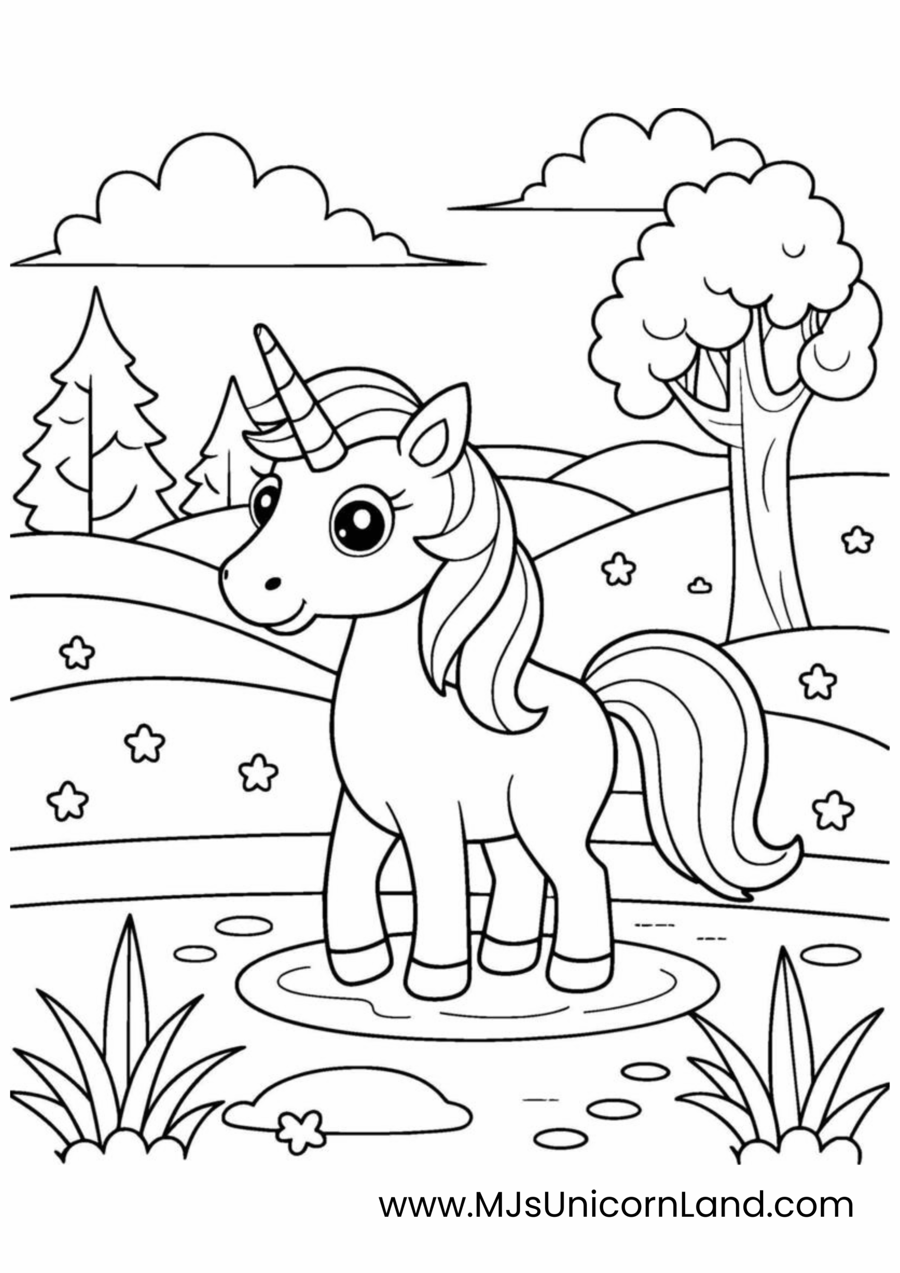A line art coloring page of a cute unicorn with a friendly expression, standing in a small puddle in a simple outdoor landscape. The scene includes stylized trees, rolling hills, and clouds in the sky.