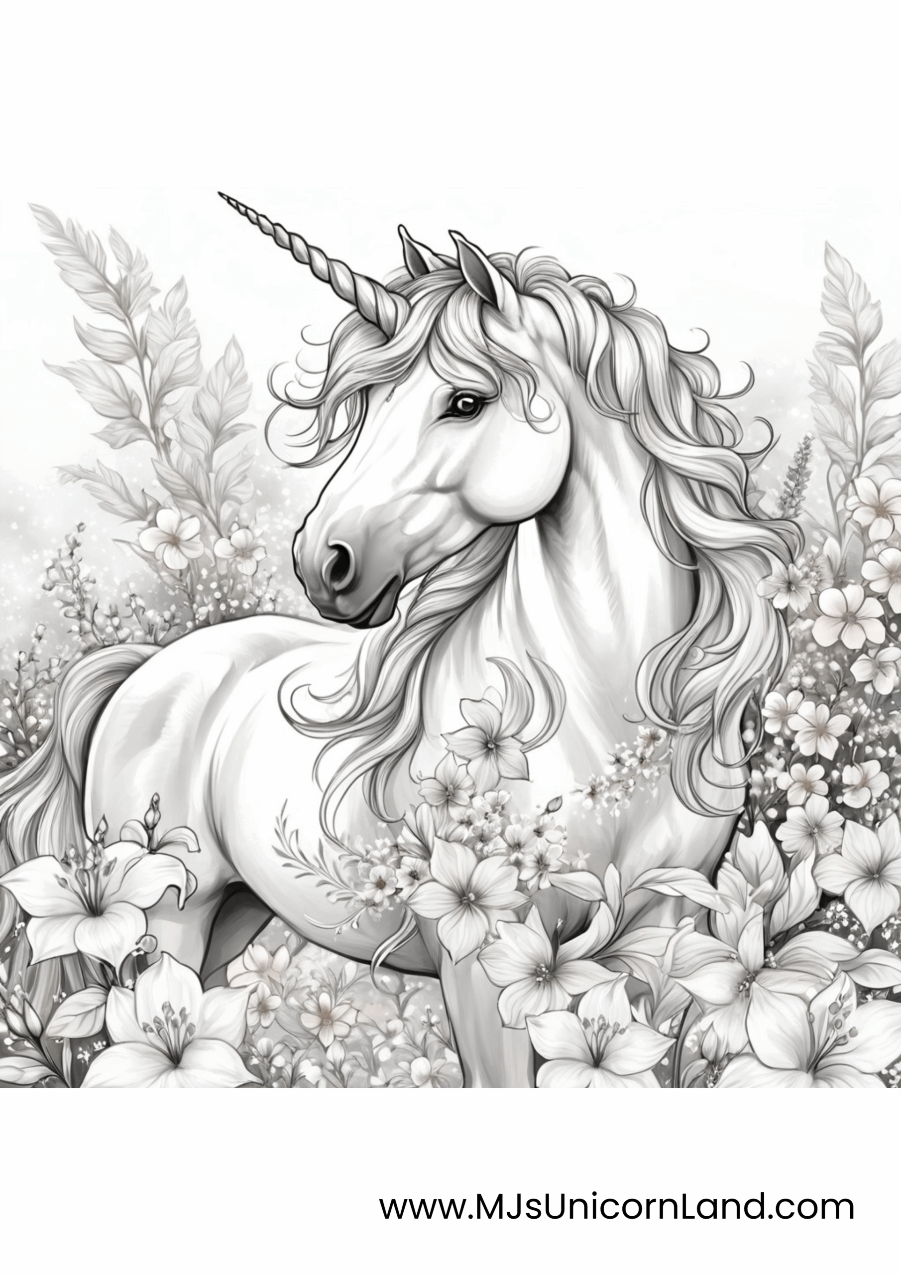 A highly detailed coloring page of a realistic unicorn standing among lush, intricate flowers and foliage, perfect for advanced coloring.