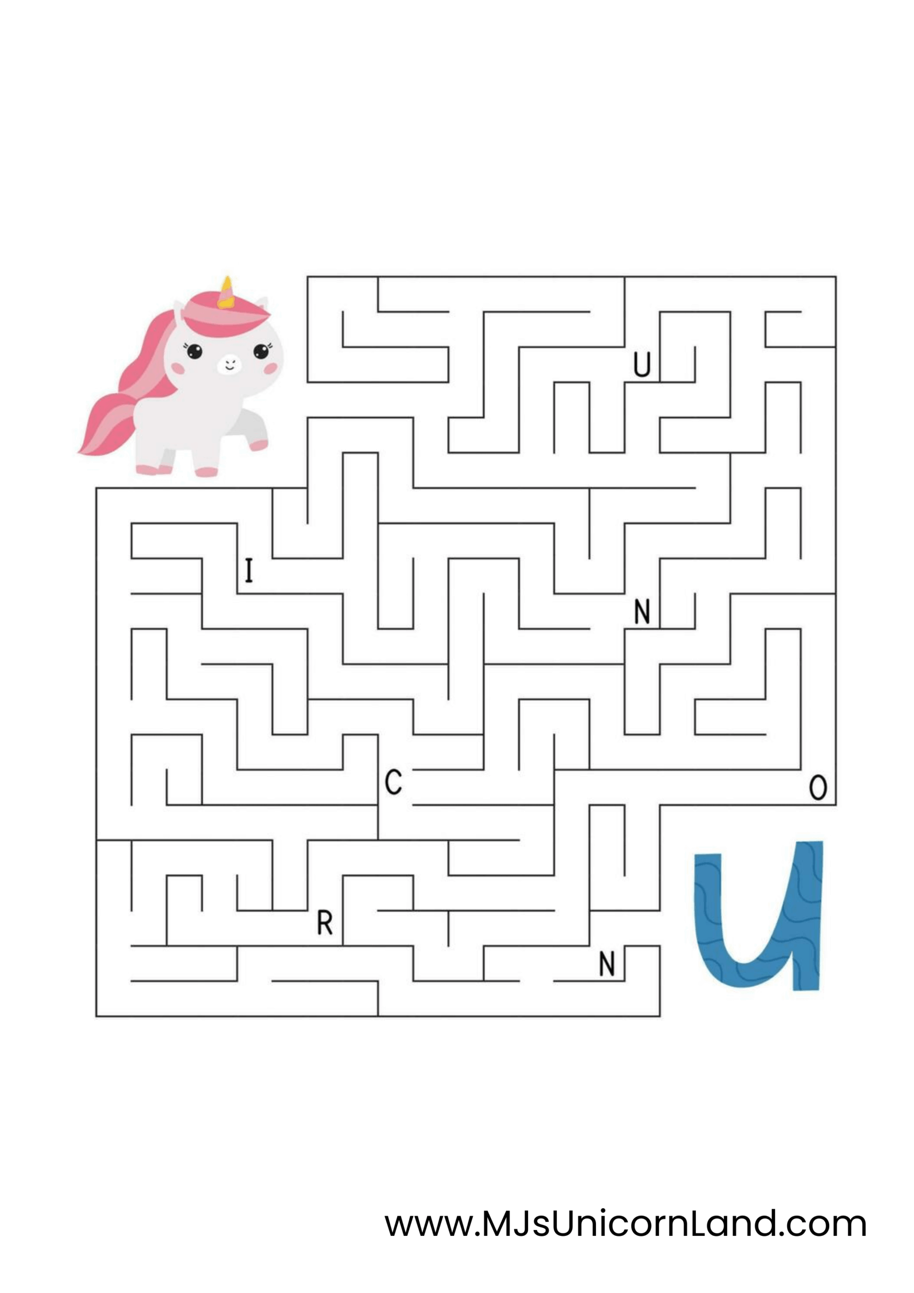  A unicorn maze activity sheet to help kids find their way through the puzzle and spell a word.