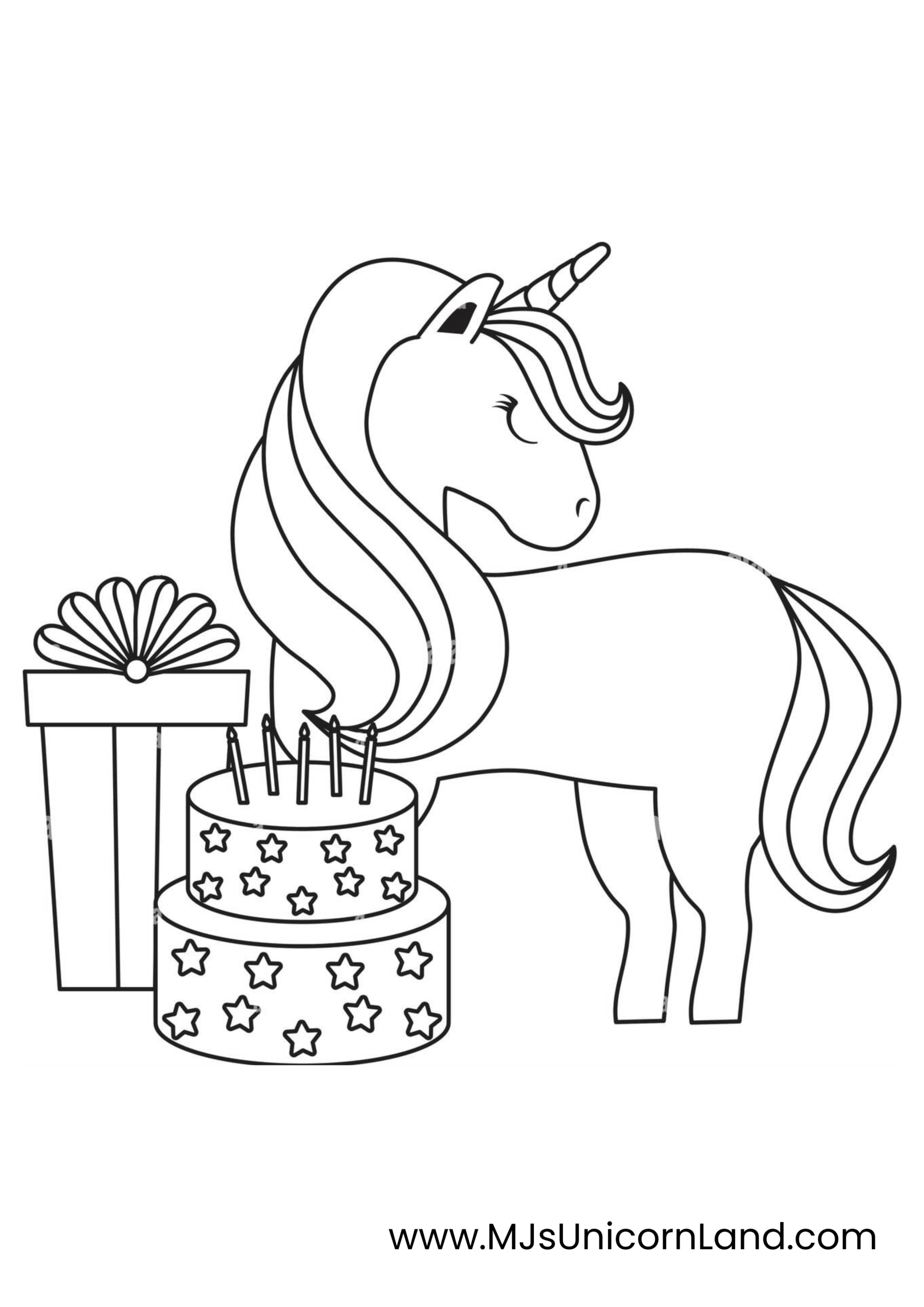 A peaceful unicorn with closed eyes, standing next to a two-tiered birthday cake topped with many candles, and a wrapped gift beside it.