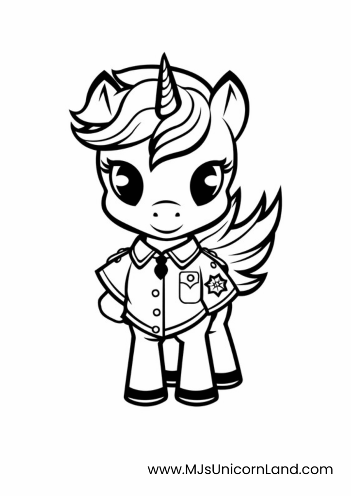 A line art coloring page of a cute unicorn boy dressed in a uniform with buttons and a badge, and small wings on its back. It has a smiling expression and is in a simple cartoon style.