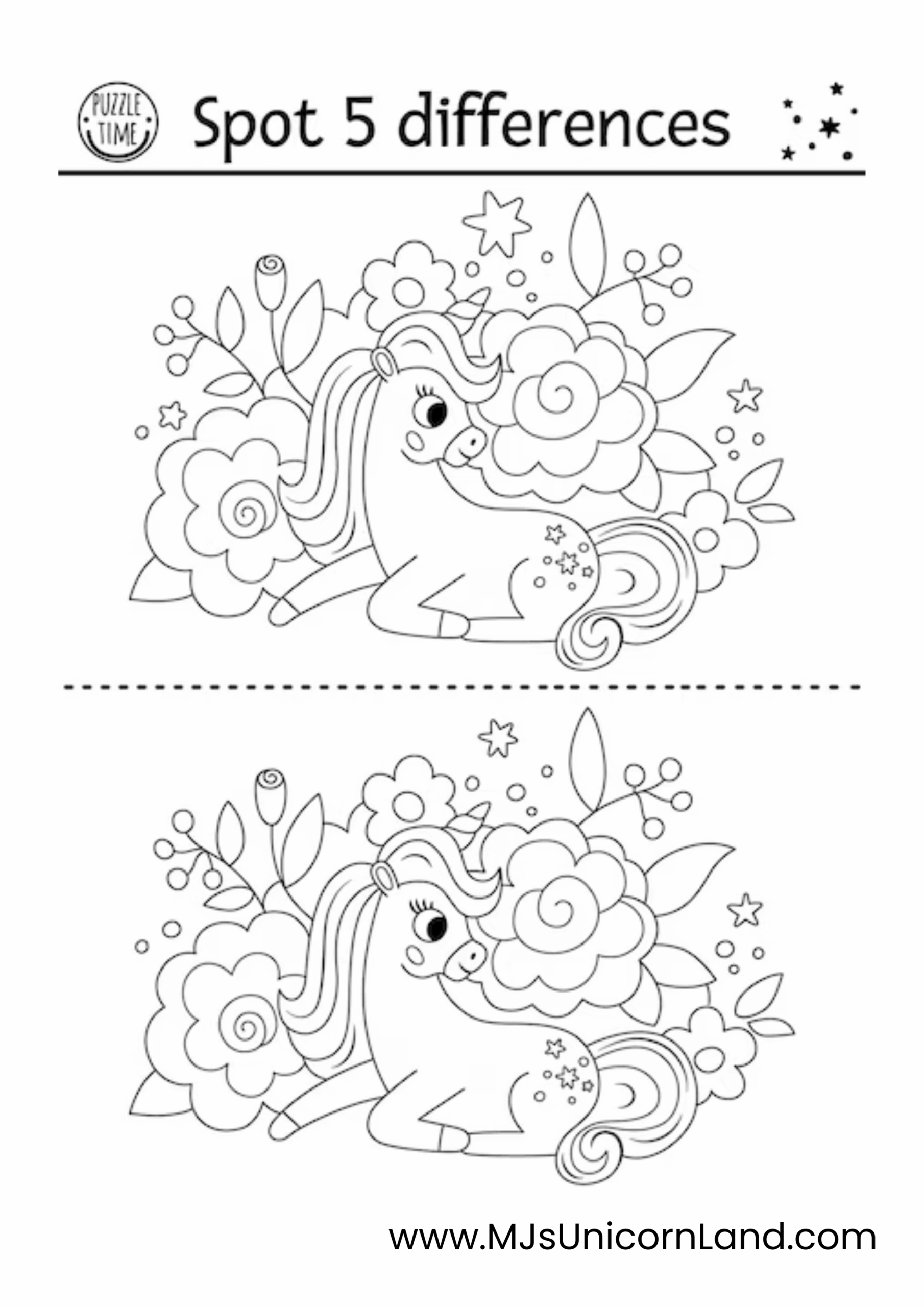 A spot the difference puzzle with a unicorn lying in a field of flowers, challenging kids to find 5 differences.