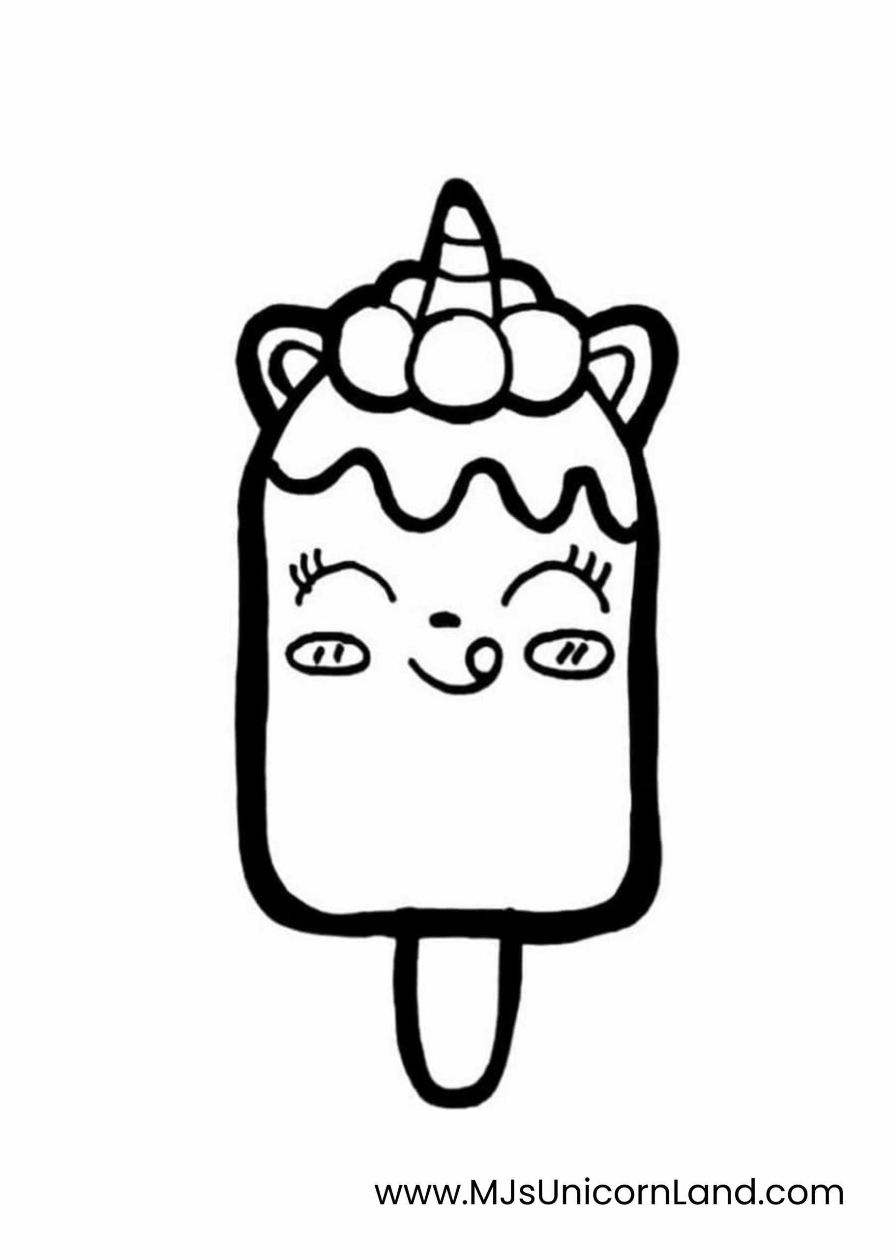 A cute coloring page of a unicorn-themed popsicle on a stick, featuring a smiling face with a small tongue sticking out, wavy icing "hair," a small horn, and rounded decorations.