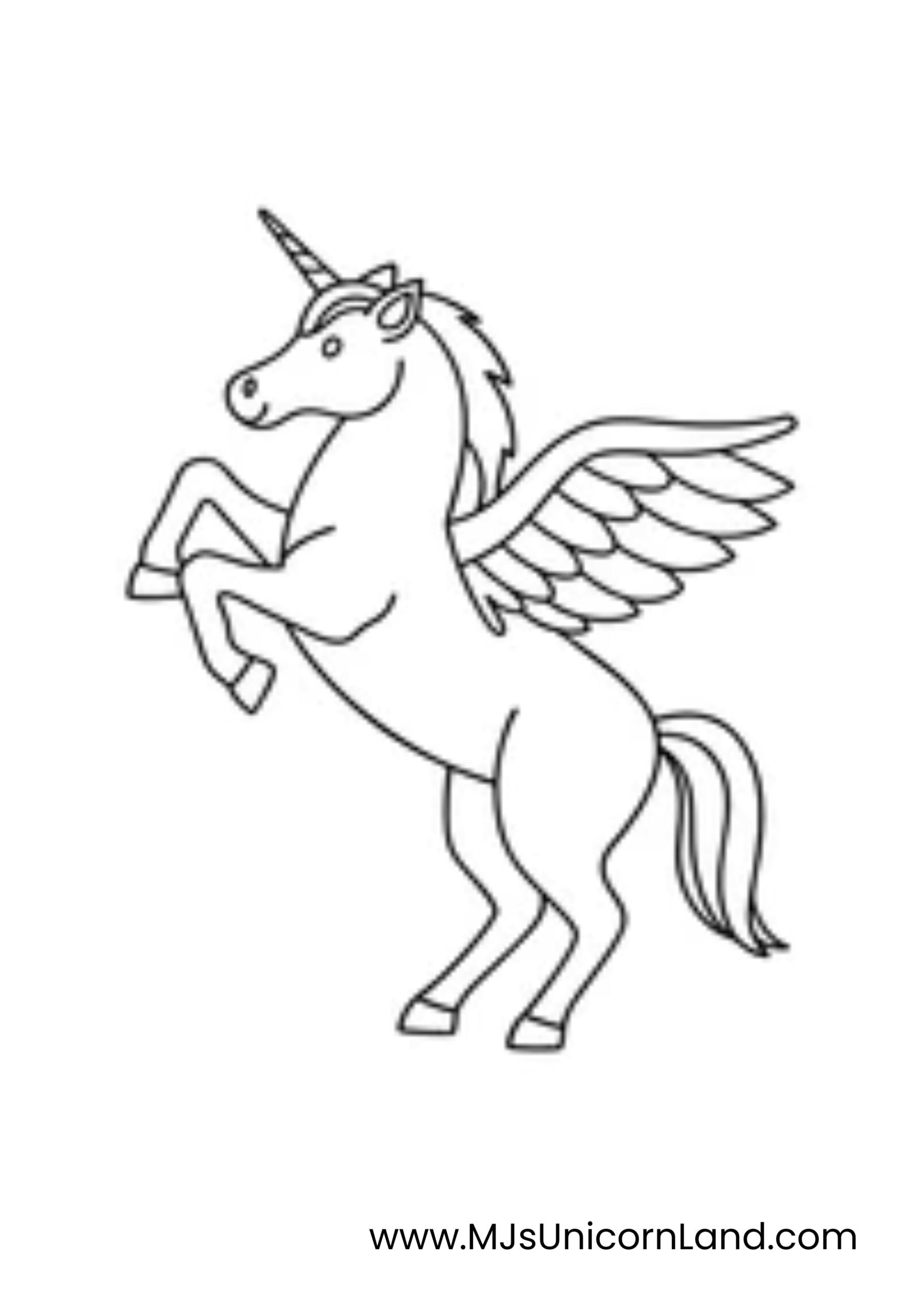 A line art coloring page of a majestic unicorn with wings, standing on its hind legs in a rearing pose, with its wings spread.