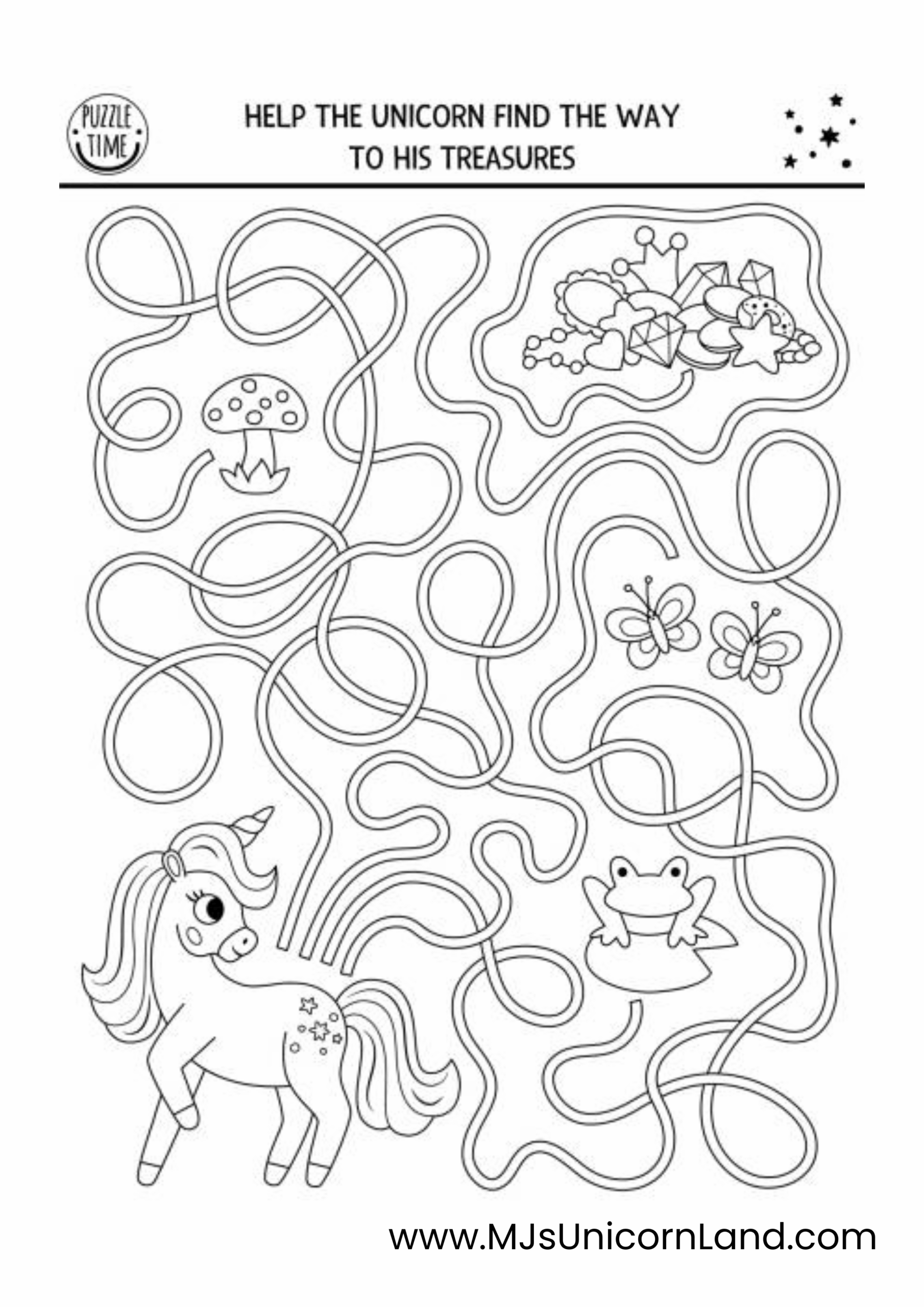 A maze activity sheet where kids help a unicorn find its way to a pile of treasures.
