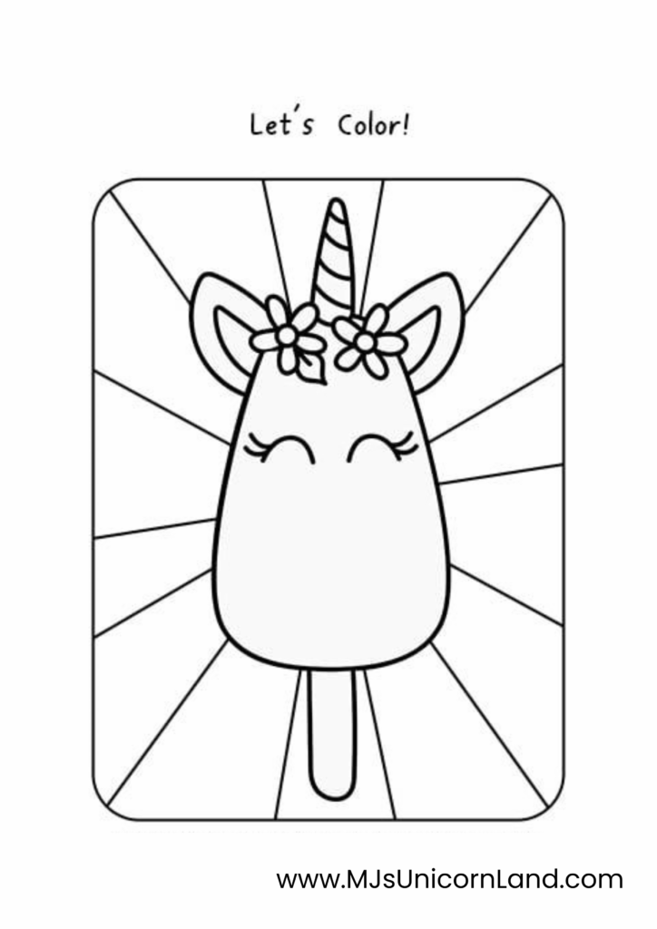 A simple, framed coloring page of a unicorn popsicle with closed eyes, a horn, and a small floral wreath under the text "Let's Color!".