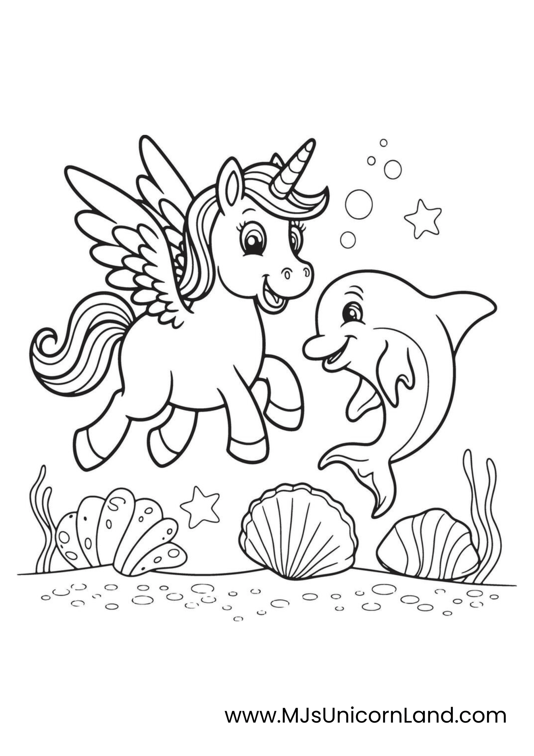 A line art coloring page of a winged unicorn and a dolphin swimming together underwater among seashells and plants.