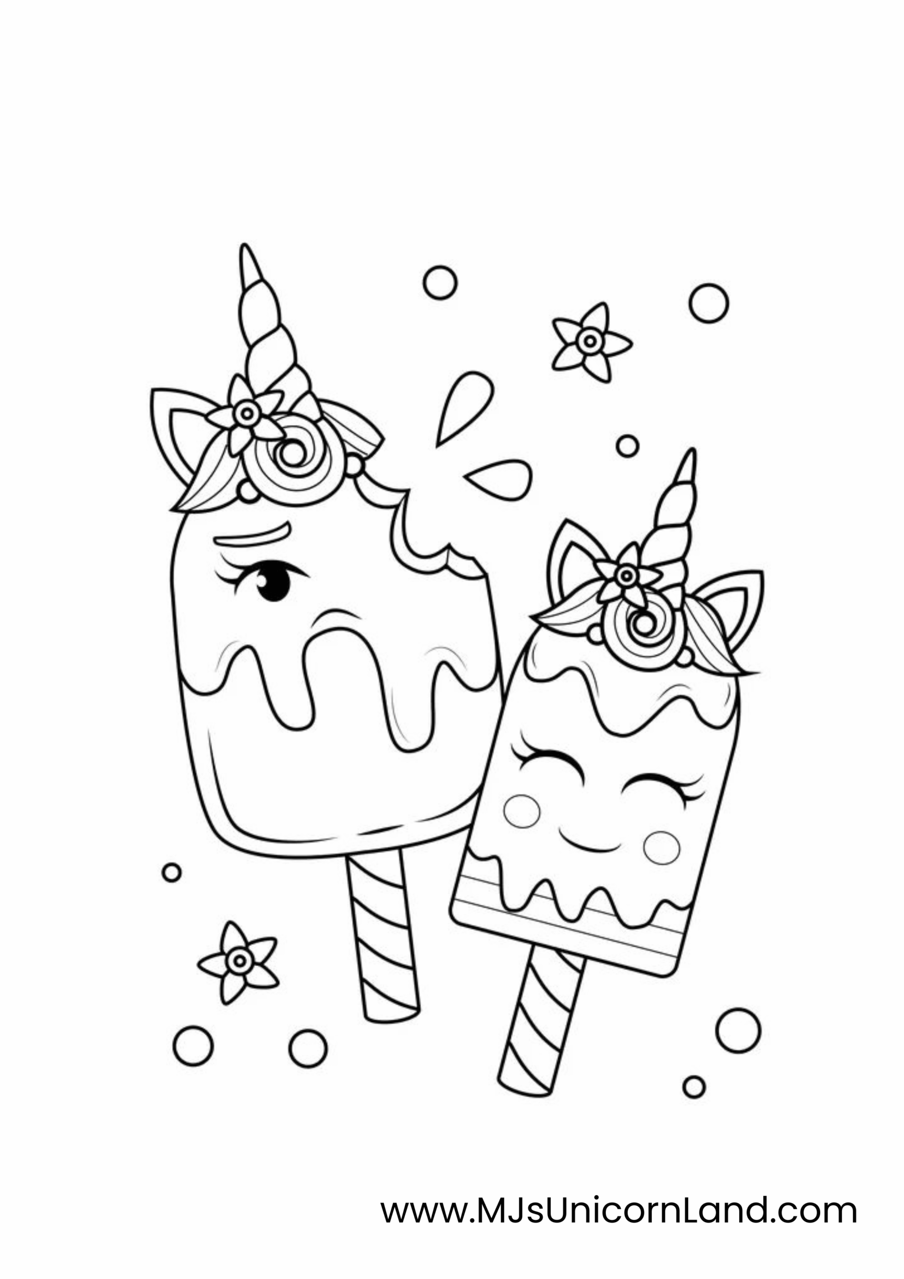 A cute coloring page showing two unicorn popsiclesβone with a bite taken out, and one whole and smilingβboth wearing floral details and a horn.