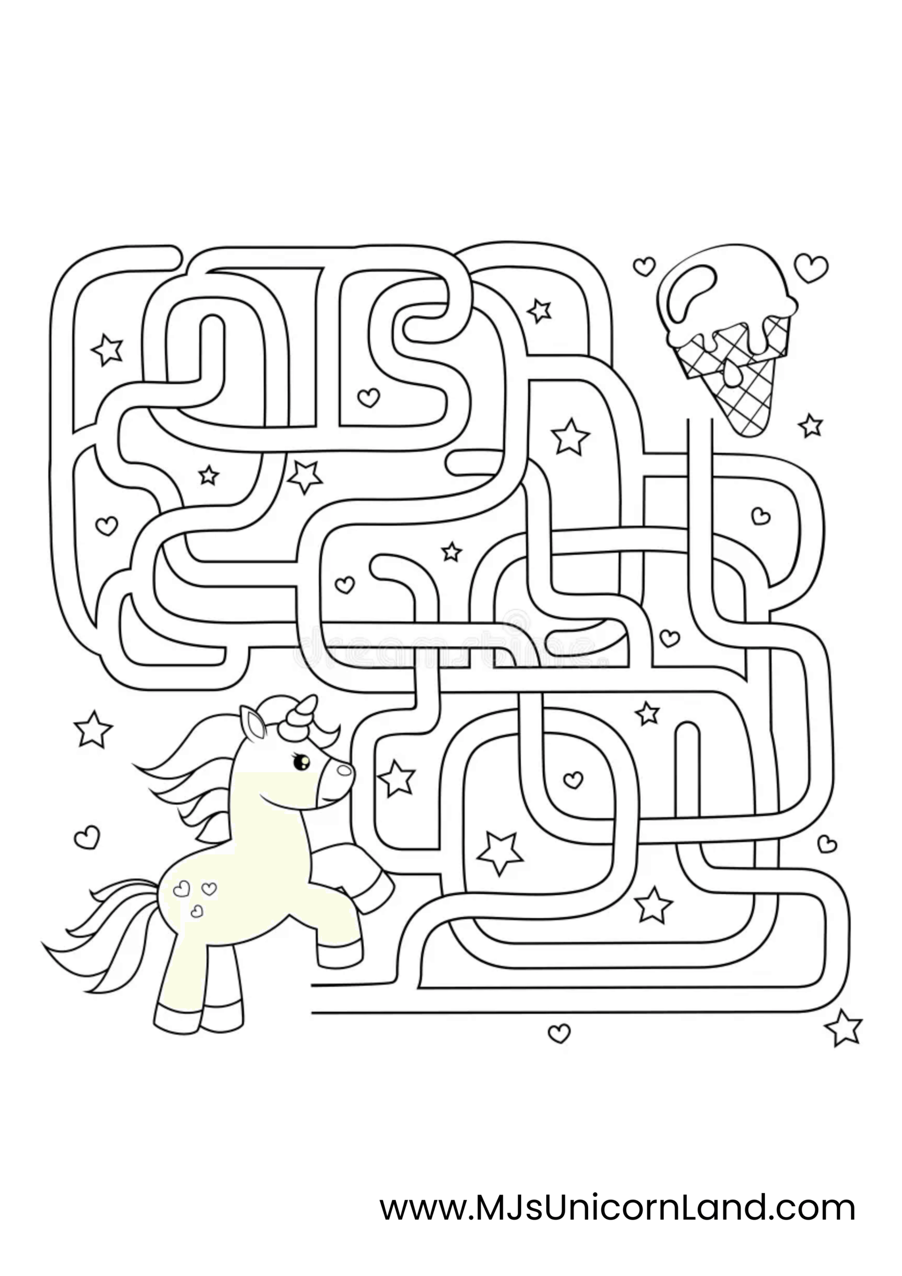A maze activity sheet where a unicorn must find its way to an ice cream cone.