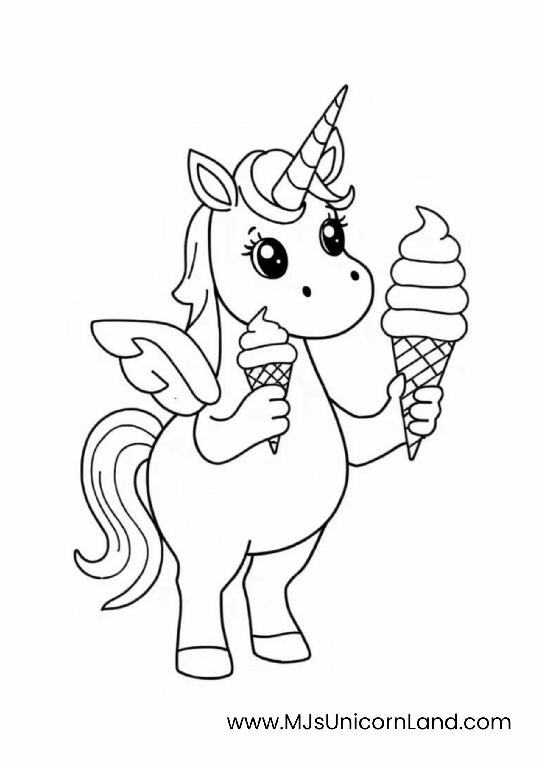 A cute coloring page of a winged unicorn (Pegasus) standing up and happily holding two large ice cream cones.