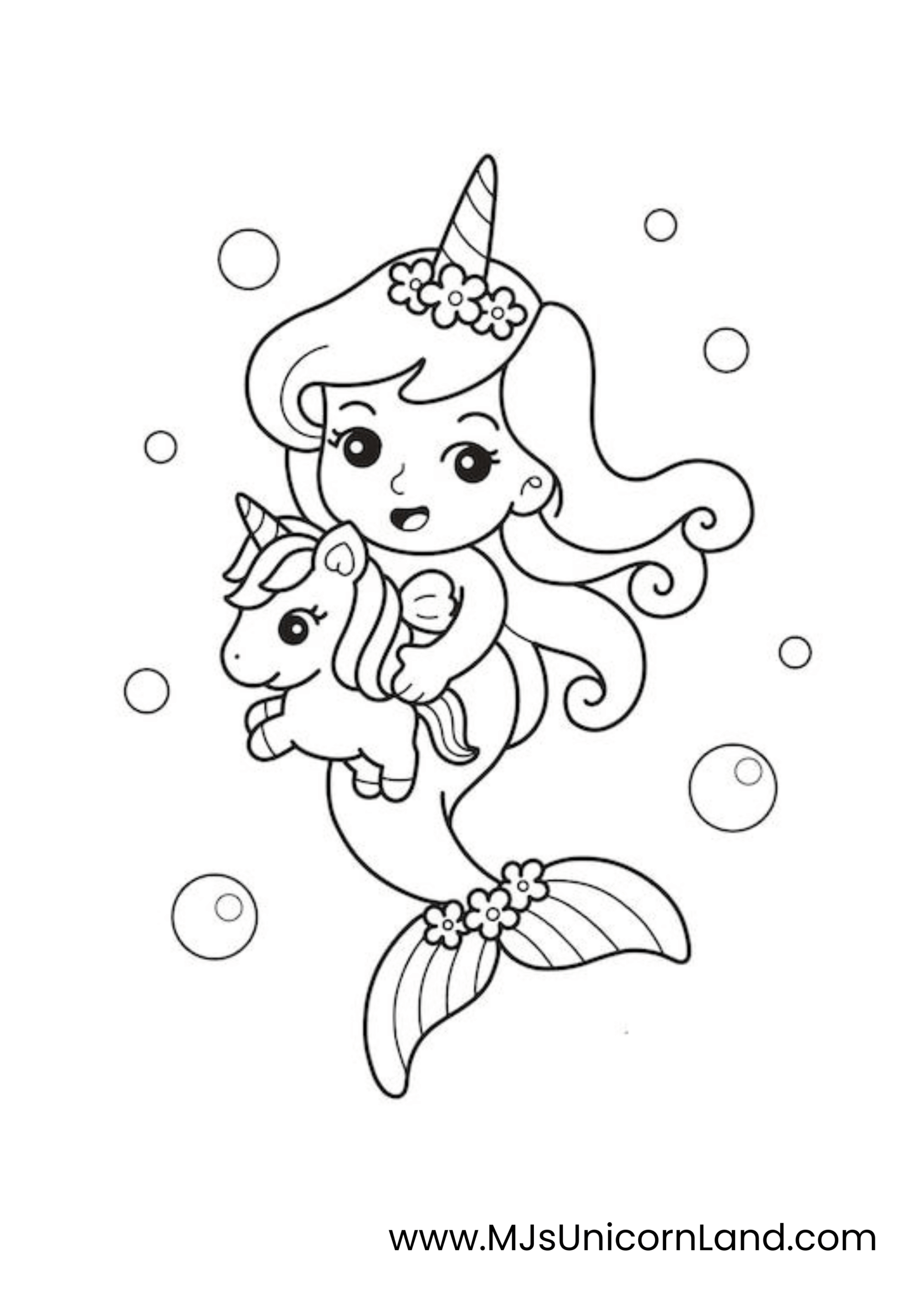 A line art coloring page of a cute mermaid girl holding a small unicorn with a flower crown. Both are smiling and surrounded by bubbles.