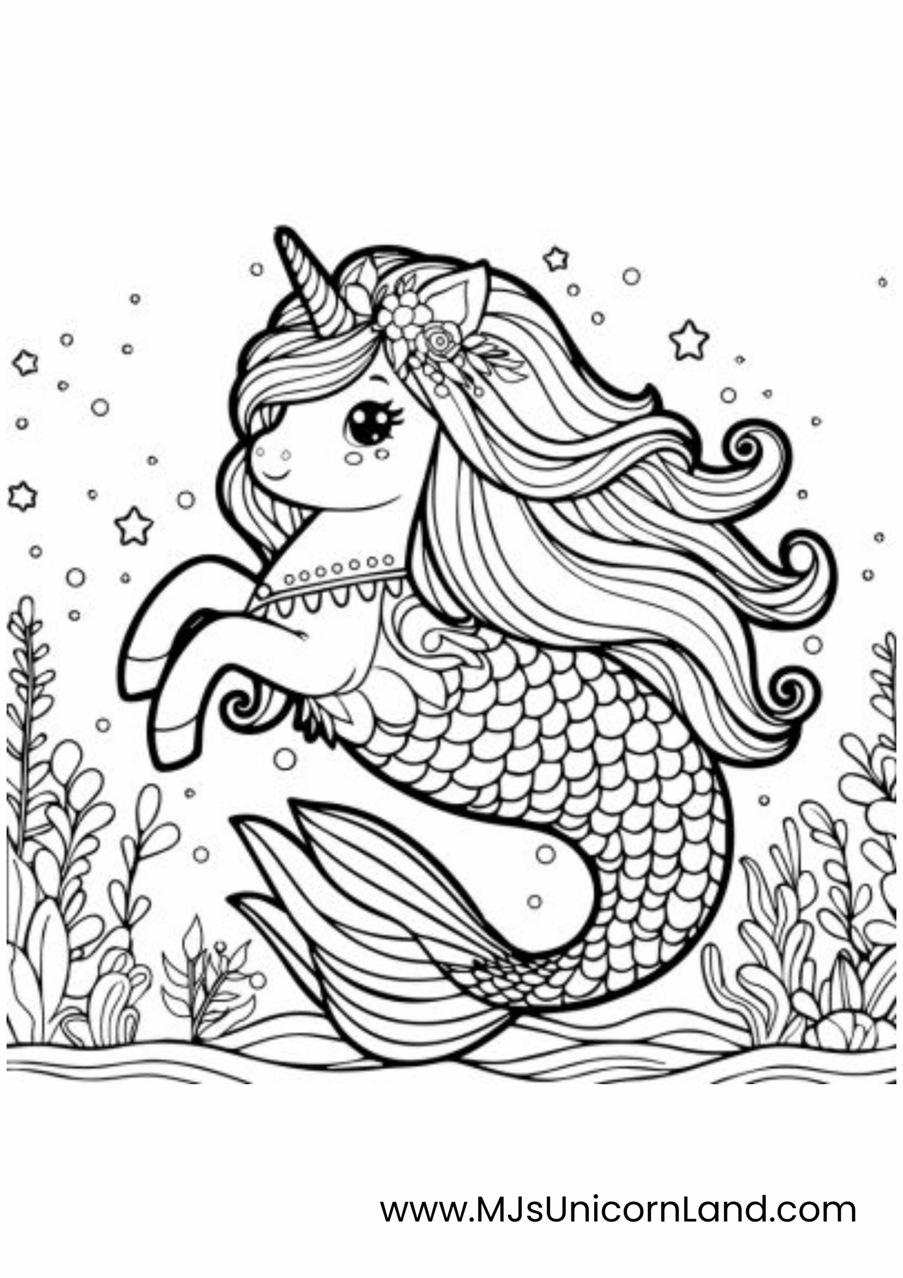 A line art coloring page of a mythical unicorn mermaid or "unimaid" with a flowery unicorn horn, a scaly tail, and long flowing hair, swimming in a kelp forest.