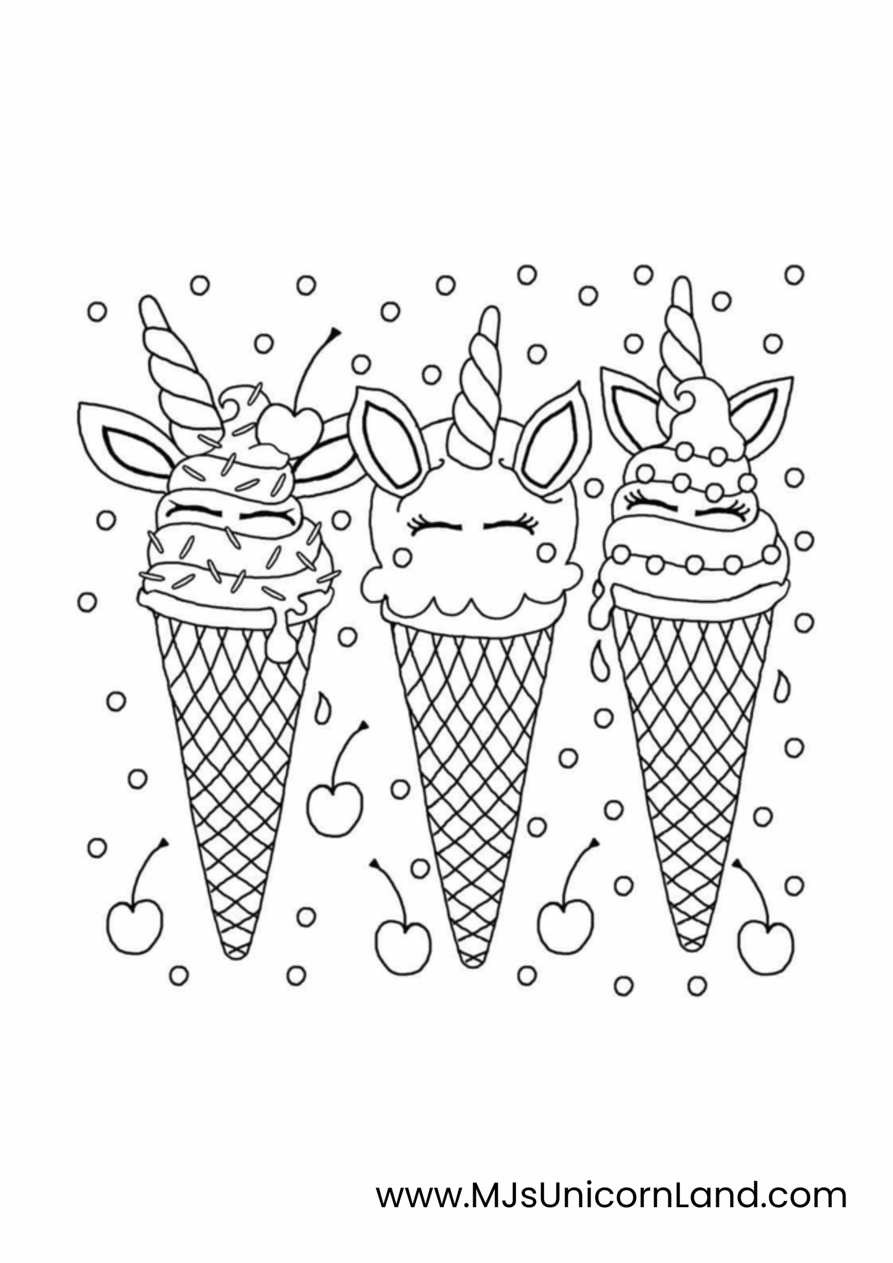 A detailed coloring page featuring three unicorn ice cream cones with toppings, horns, and ears, surrounded by cherries and sprinkles.