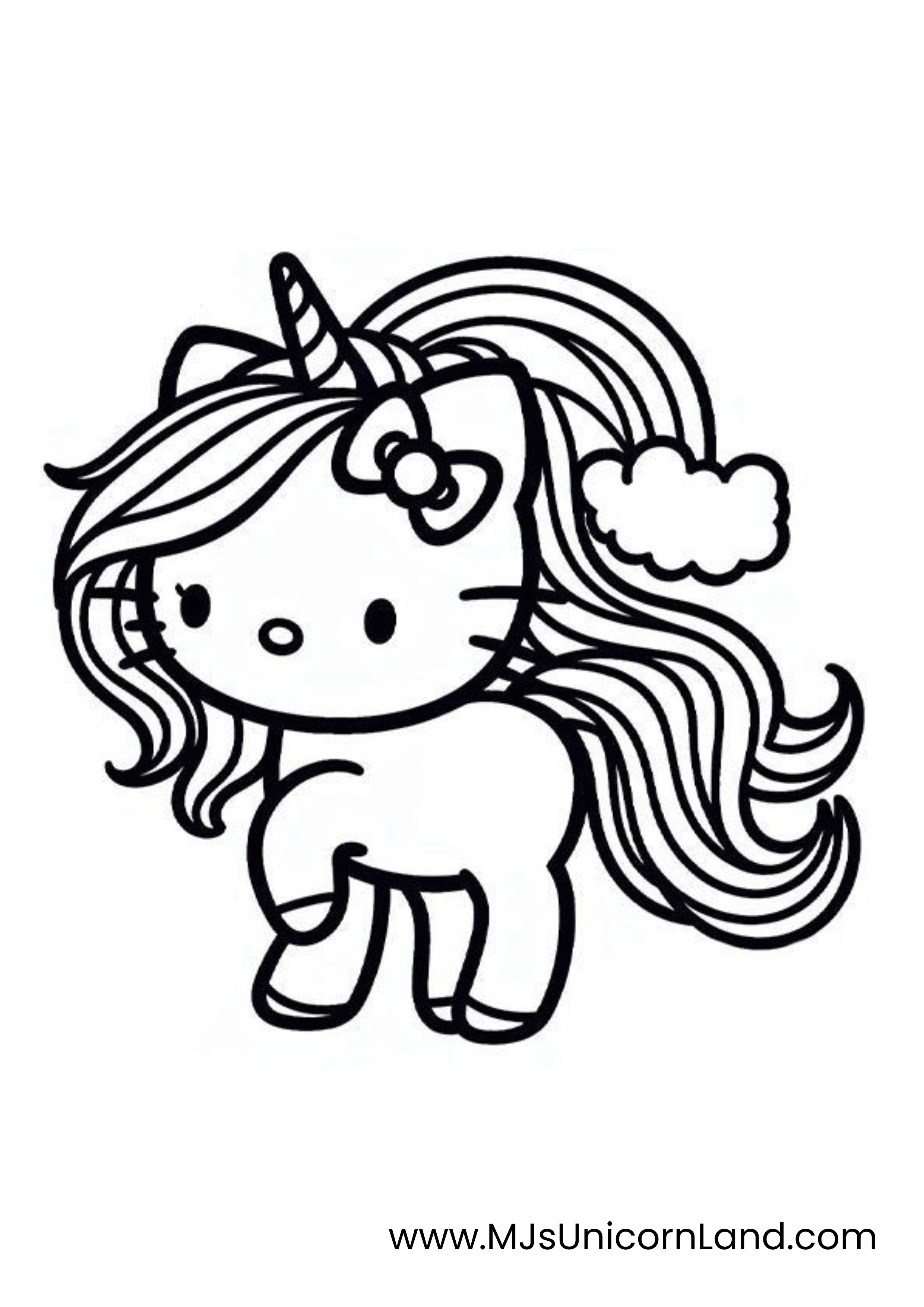 A line art coloring page of a Hello Kitty-like character with a unicorn horn and a flowing, rainbow-striped mane. It has a small bow on its ear.