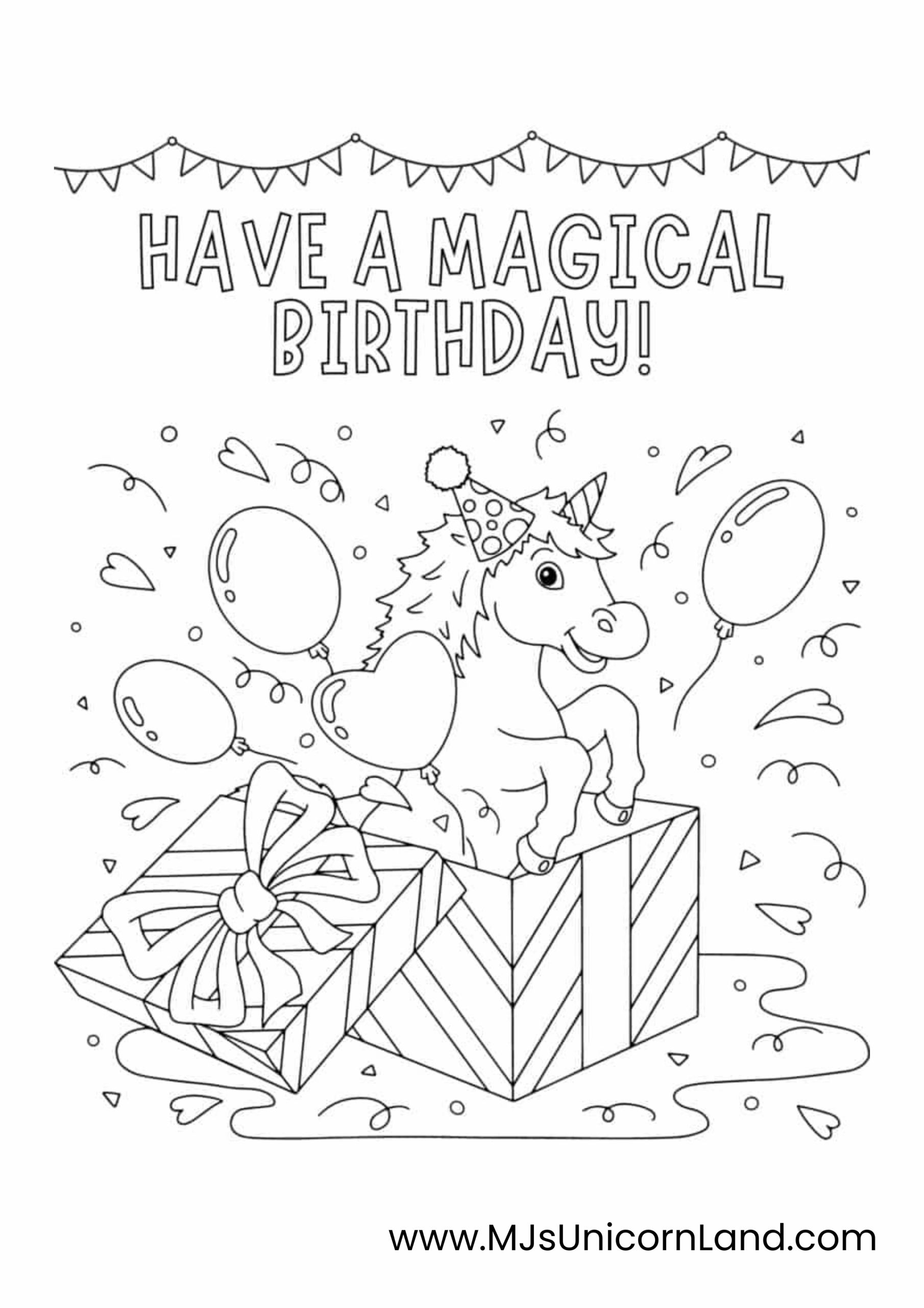 A festive unicorn birthday card coloring page with the text "HAVE A MAGICAL BIRTHDAY!" and a unicorn popping out of a large, striped gift box with balloons and confetti.