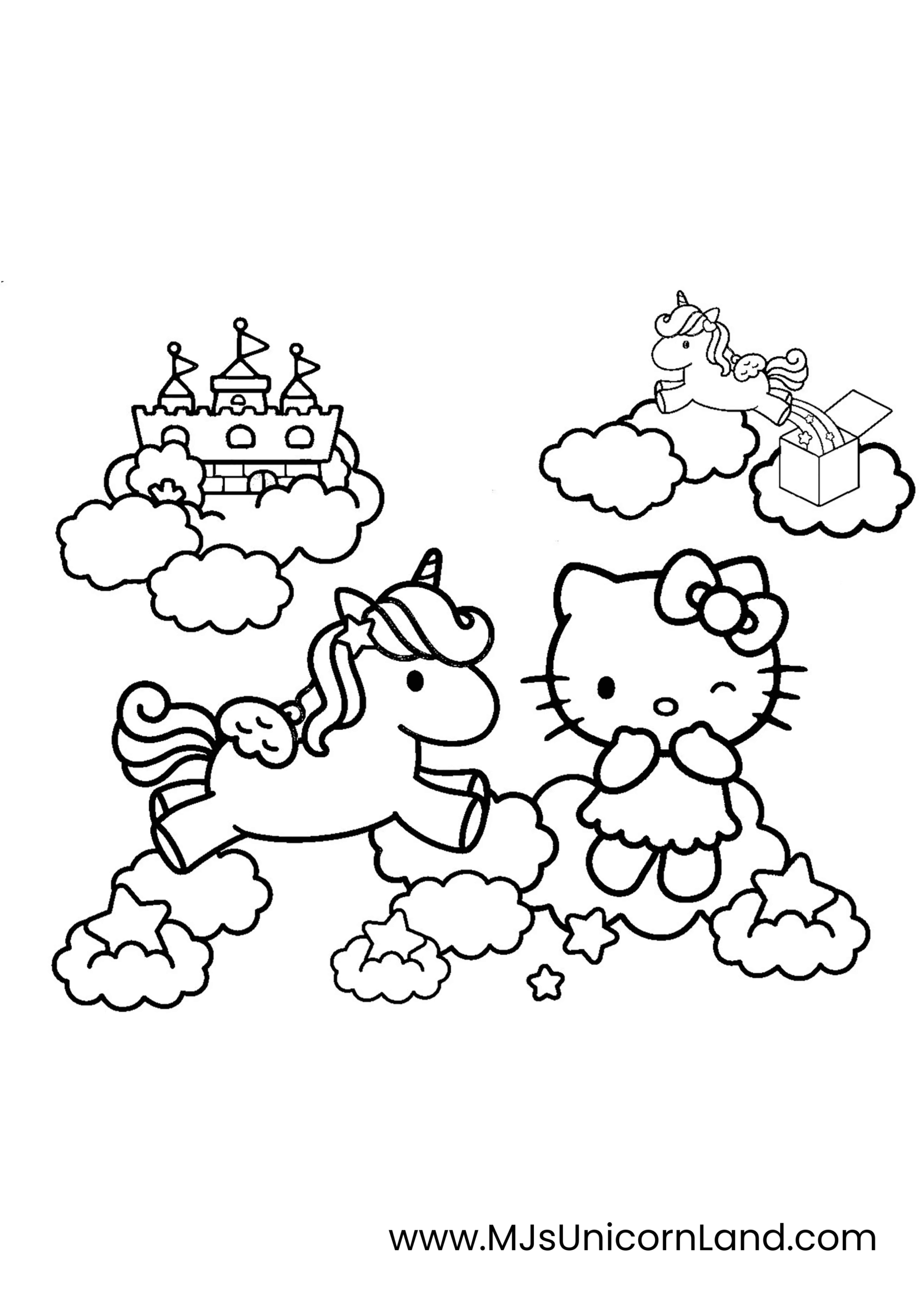 A line art coloring page featuring a magical scene with four separate elements: a small castle on a cloud, a flying unicorn next to an open box on a cloud, a unicorn flying on a cloud, and a Hello Kitty-like character on a cloud.