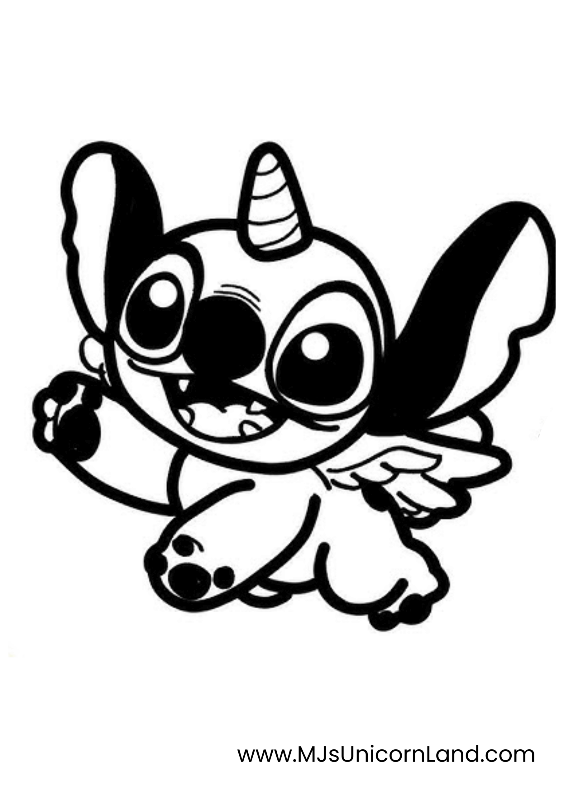 A line art coloring page of a cute Stitch-like character with a unicorn horn and wings, smiling with a playful expression.