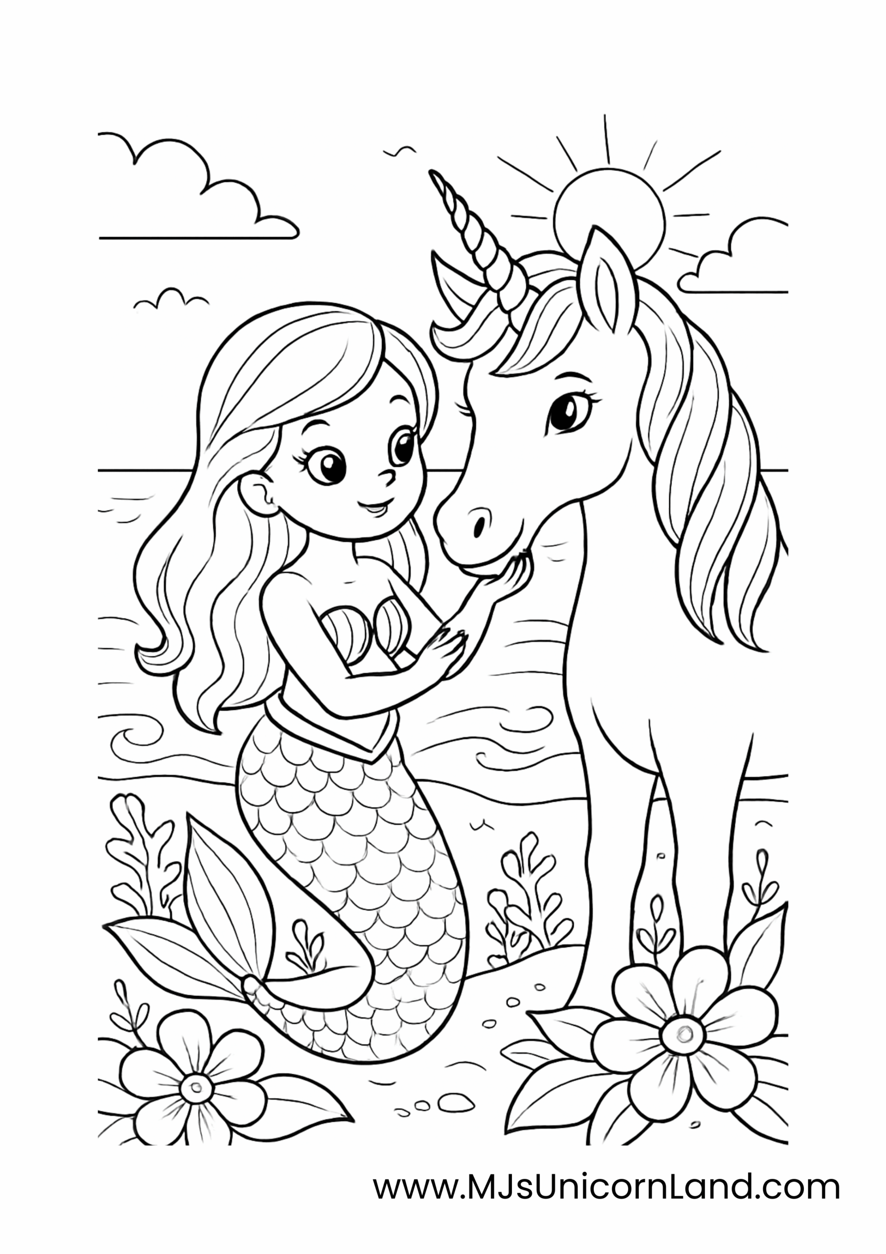 A line art coloring page of a cute mermaid girl and a unicorn standing together on a beach, with the mermaid touching the unicorn's cheek. They are surrounded by flowers, sun and the ocean in the background.