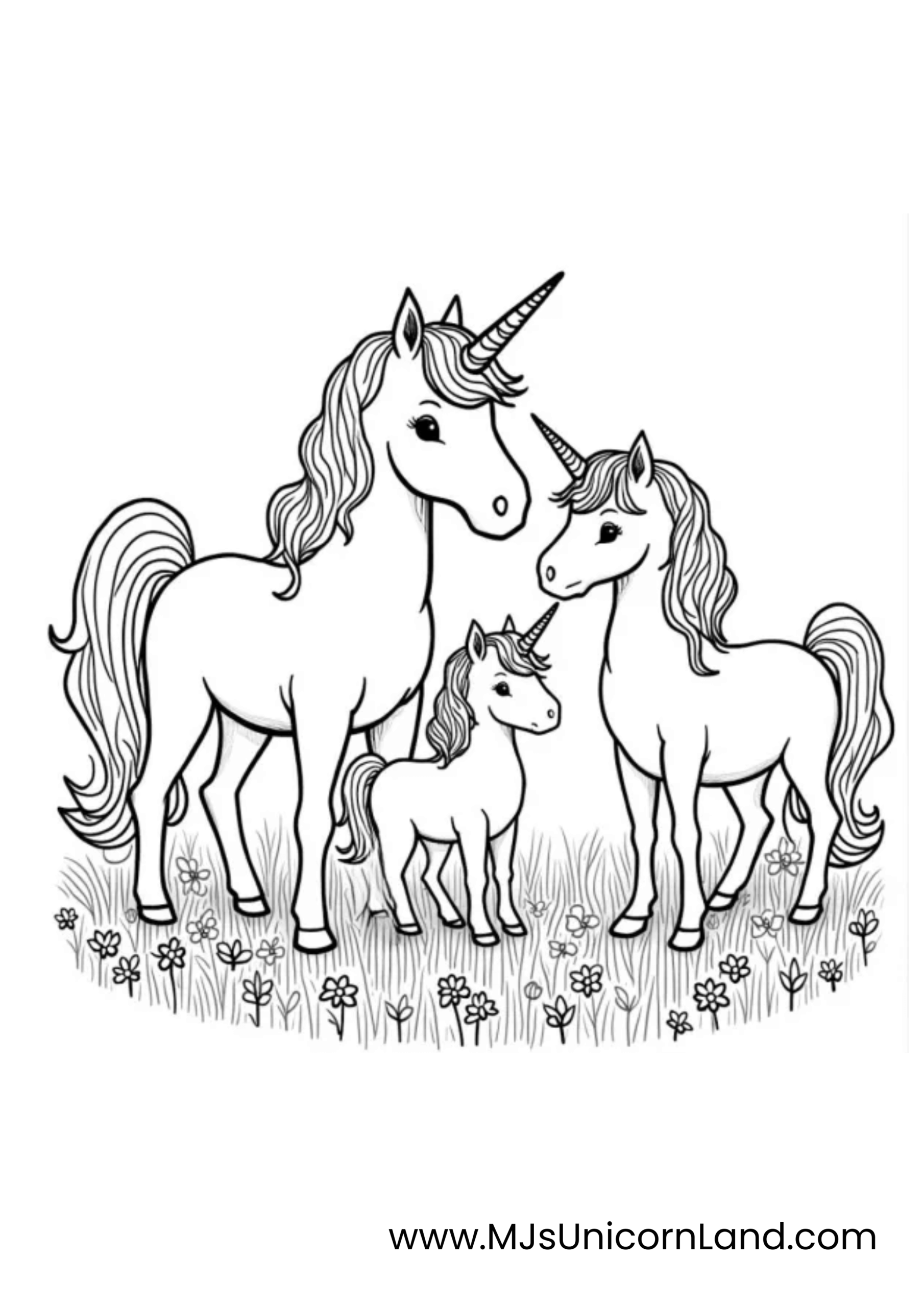 A line art coloring page of a unicorn family, with a mother, a father, and a baby unicorn standing together in a field of flowers.