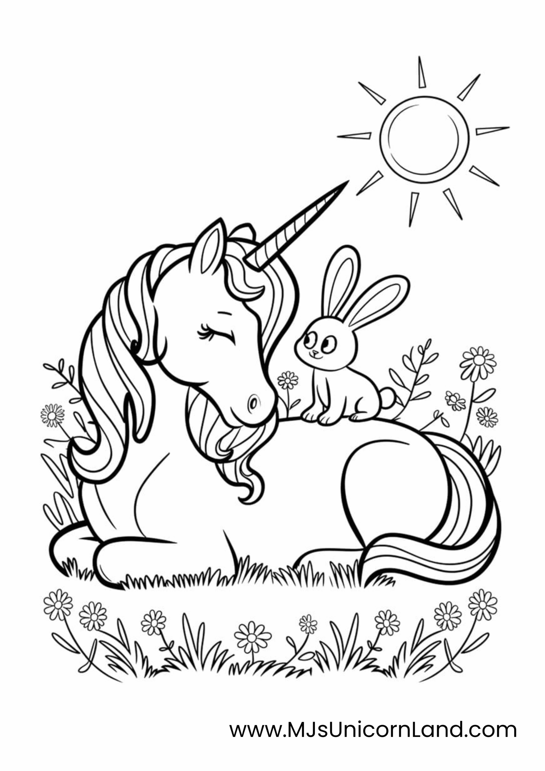 A line art coloring page of a cute unicorn and a happy bunny sitting together in a field of flowers under the sun.