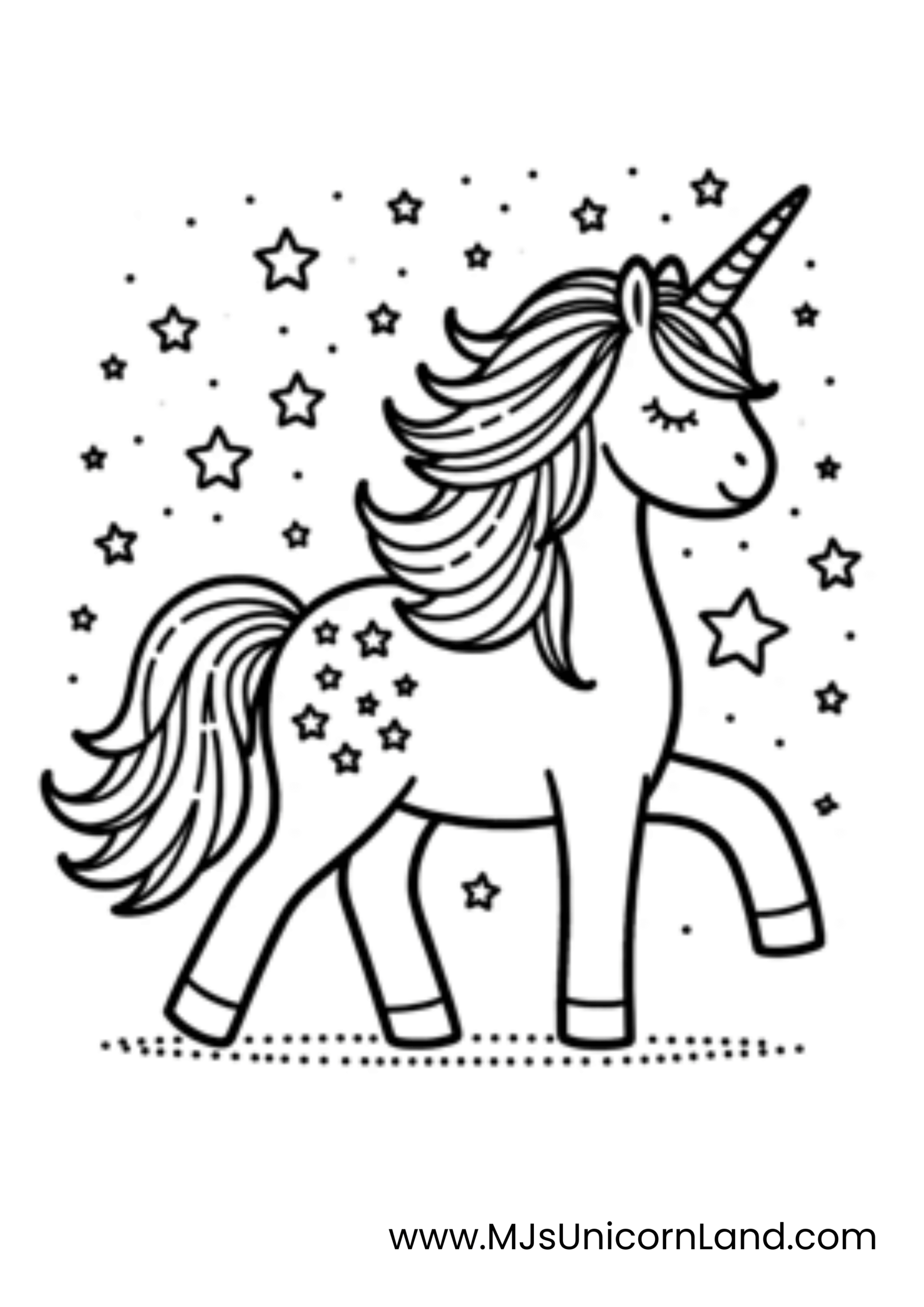 A line art coloring page of a cute unicorn with a flowing mane and tail, and small stars on its body, walking gently amidst many floating stars and tiny dots.
