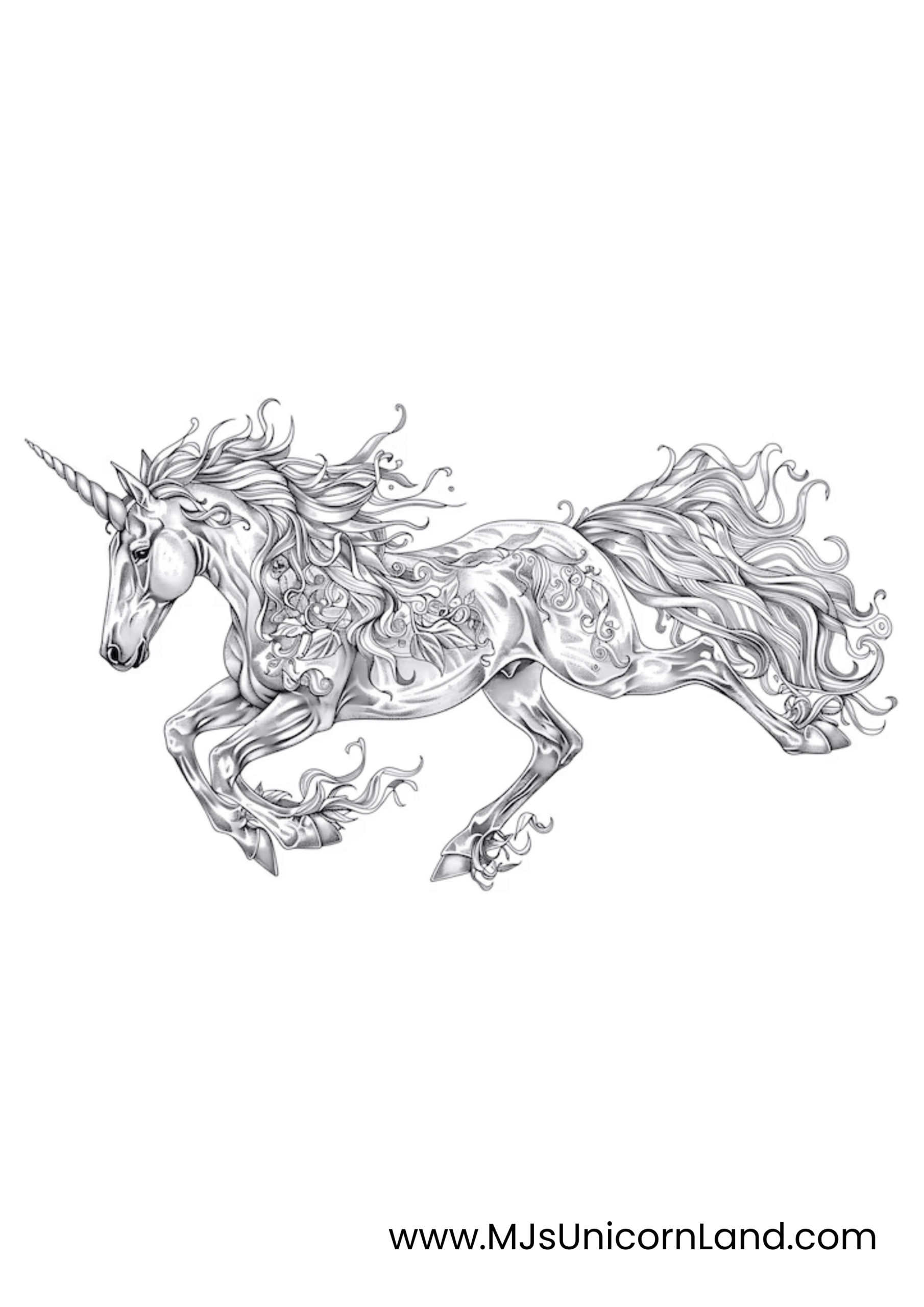A dynamic coloring page of a powerful unicorn galloping, featuring intricate floral patterns etched onto its body and a highly detailed, flowing mane and tail.