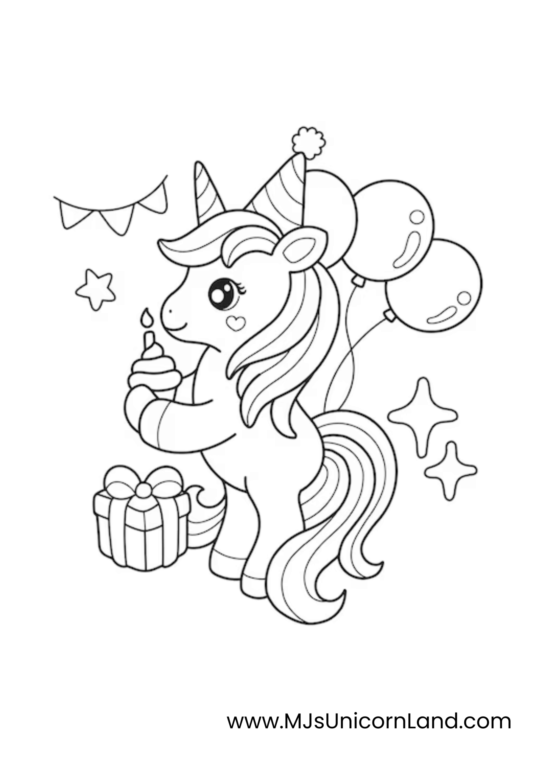 A cute unicorn with a small heart on its cheek, surrounded by balloons and holding a cupcake topped with a single candle.