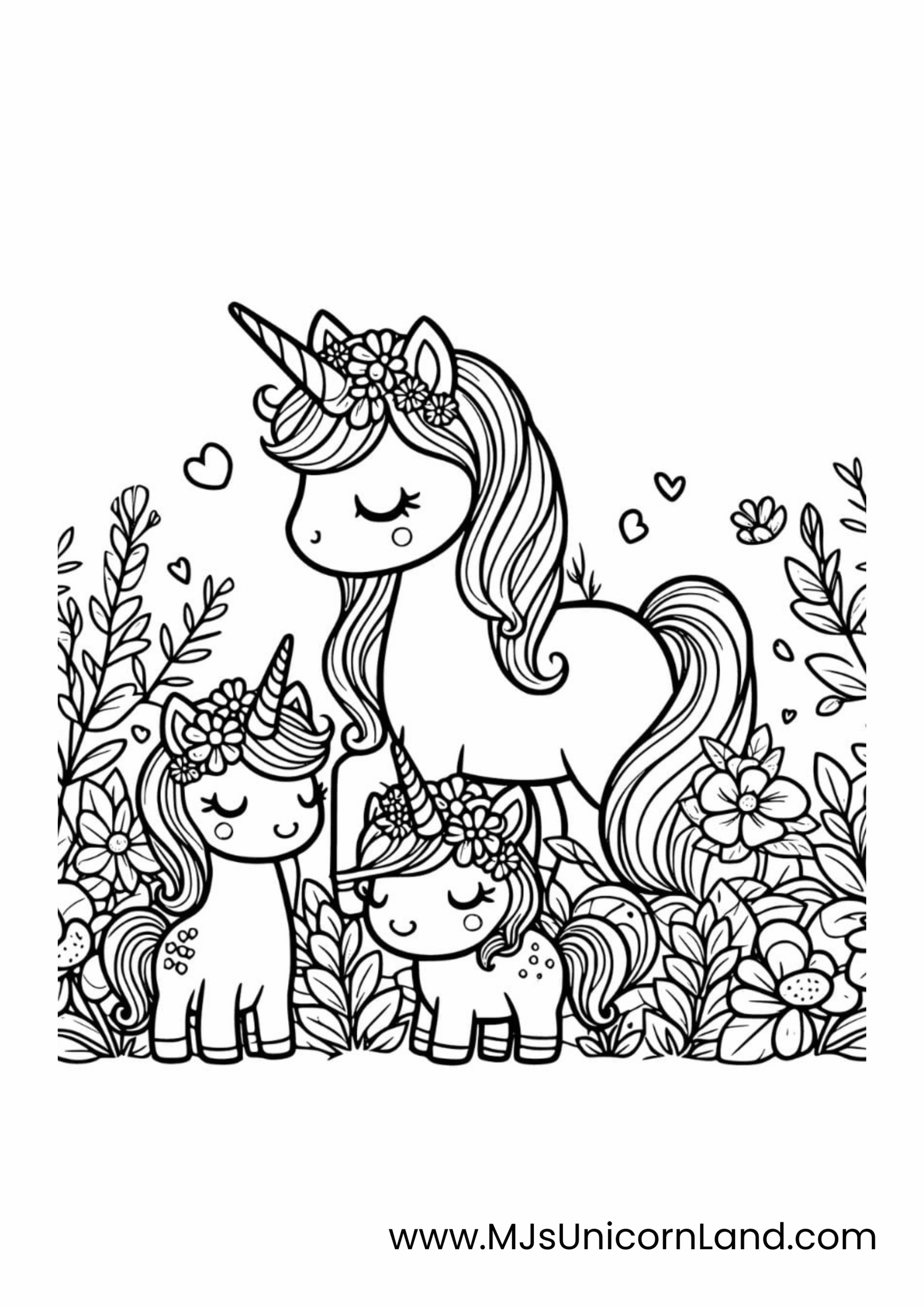 A line art coloring page of a mother unicorn with two smaller baby unicorns, surrounded by flowers and plants. The mother and one of the babies have floral wreaths on their heads.