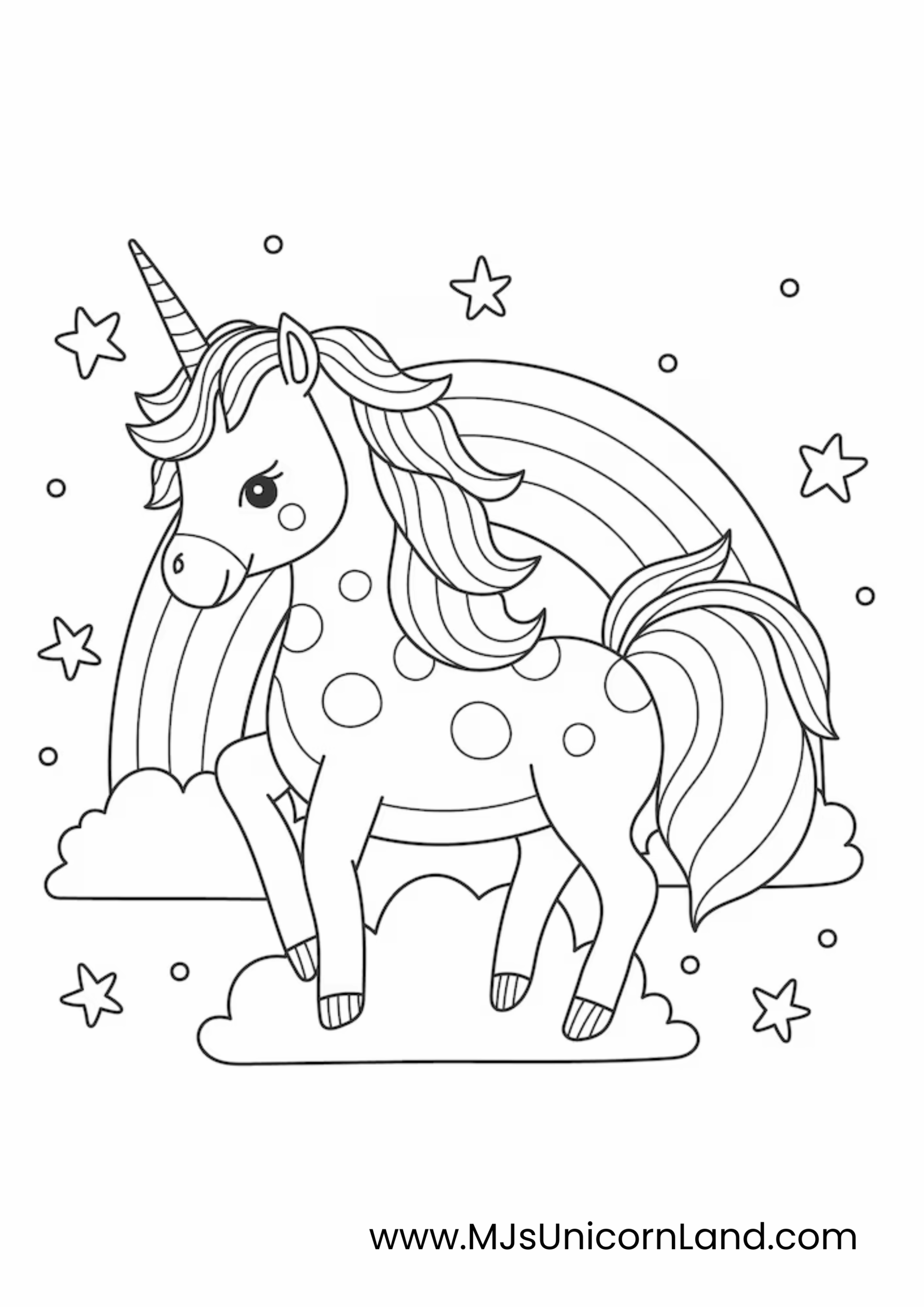 A line art coloring page of a cute unicorn with polka dots on its body, standing in a field of clouds with a rainbow behind it.