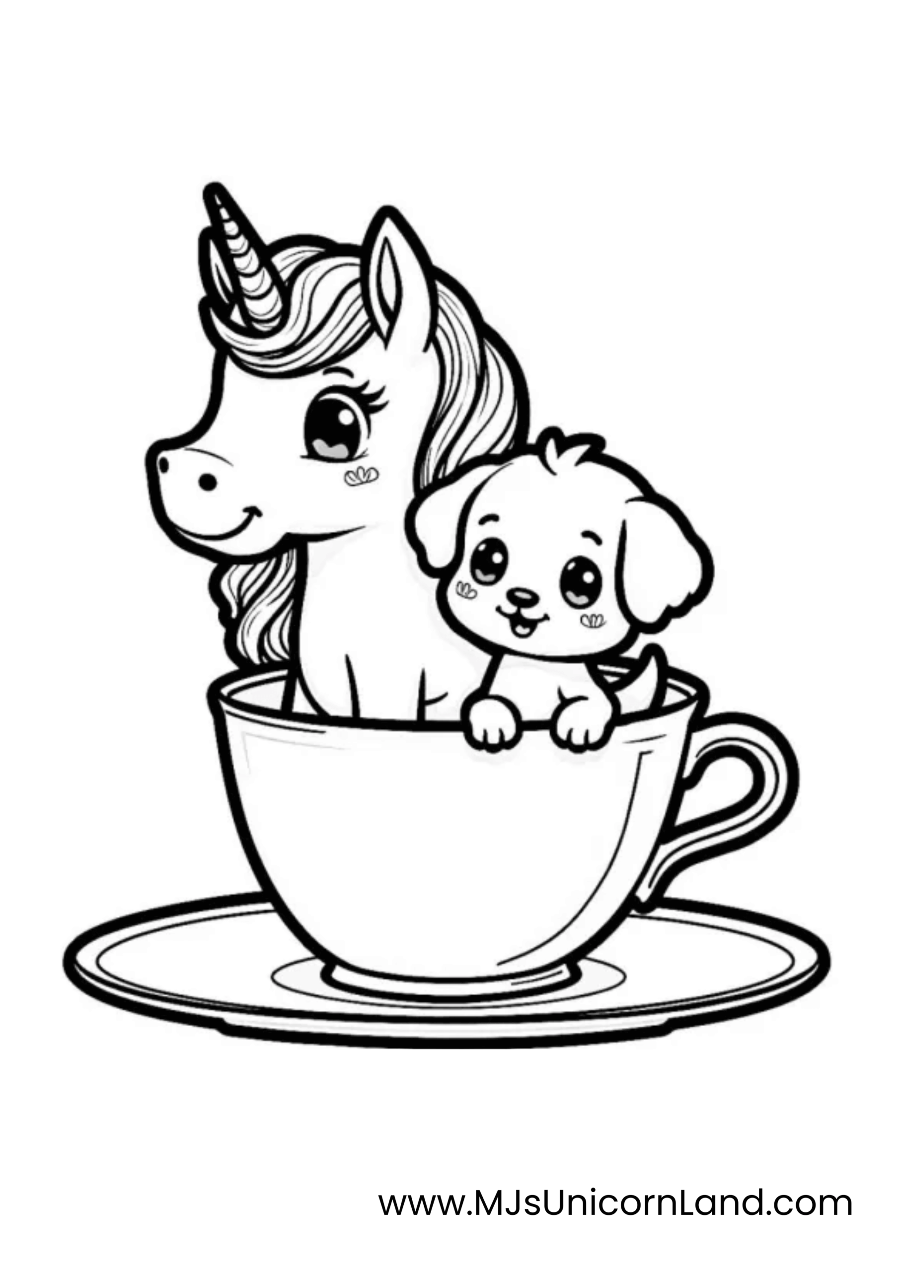 A line art coloring page of a cute unicorn and a smiling puppy sitting together in a large teacup.