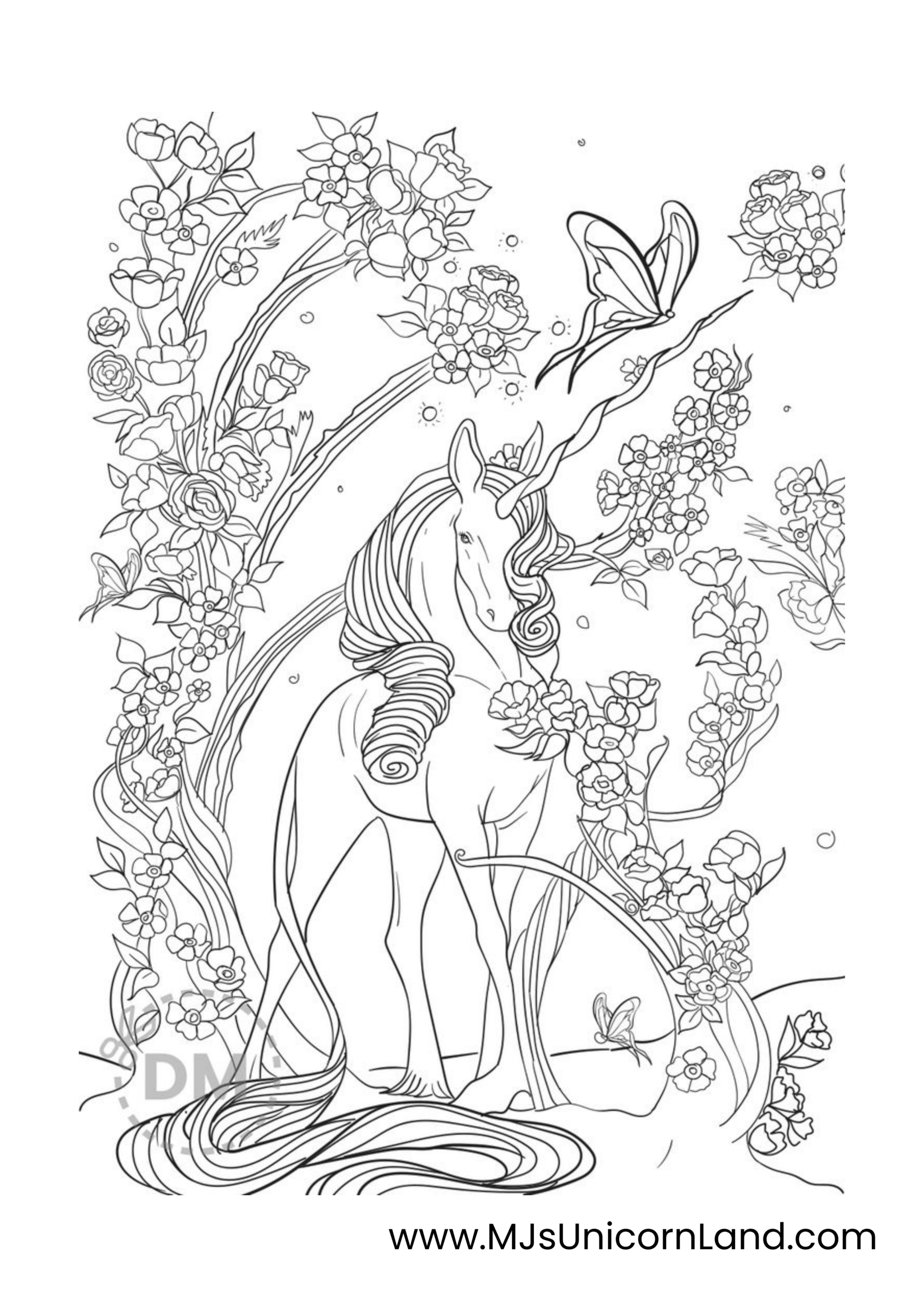 An intricate fantasy coloring page of a unicorn standing in a dense, magical garden filled with detailed flowers and butterflies.