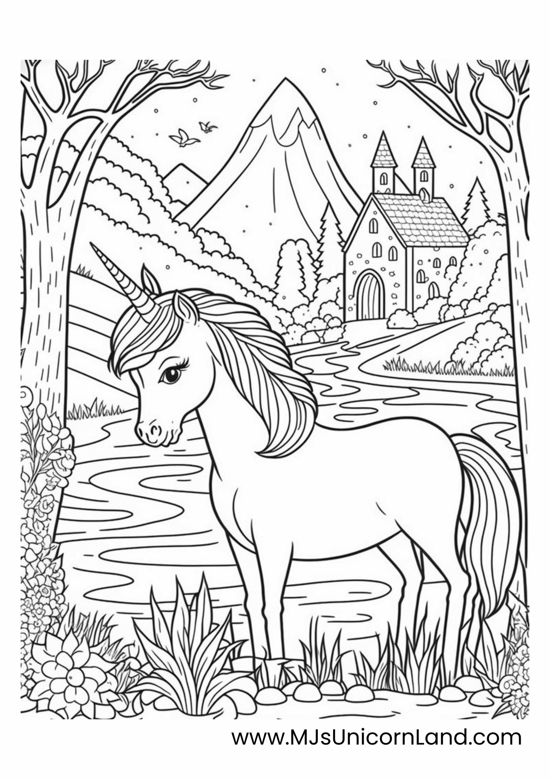 An intricate fantasy coloring page of a unicorn standing by a river with a castle and mountains in the background.