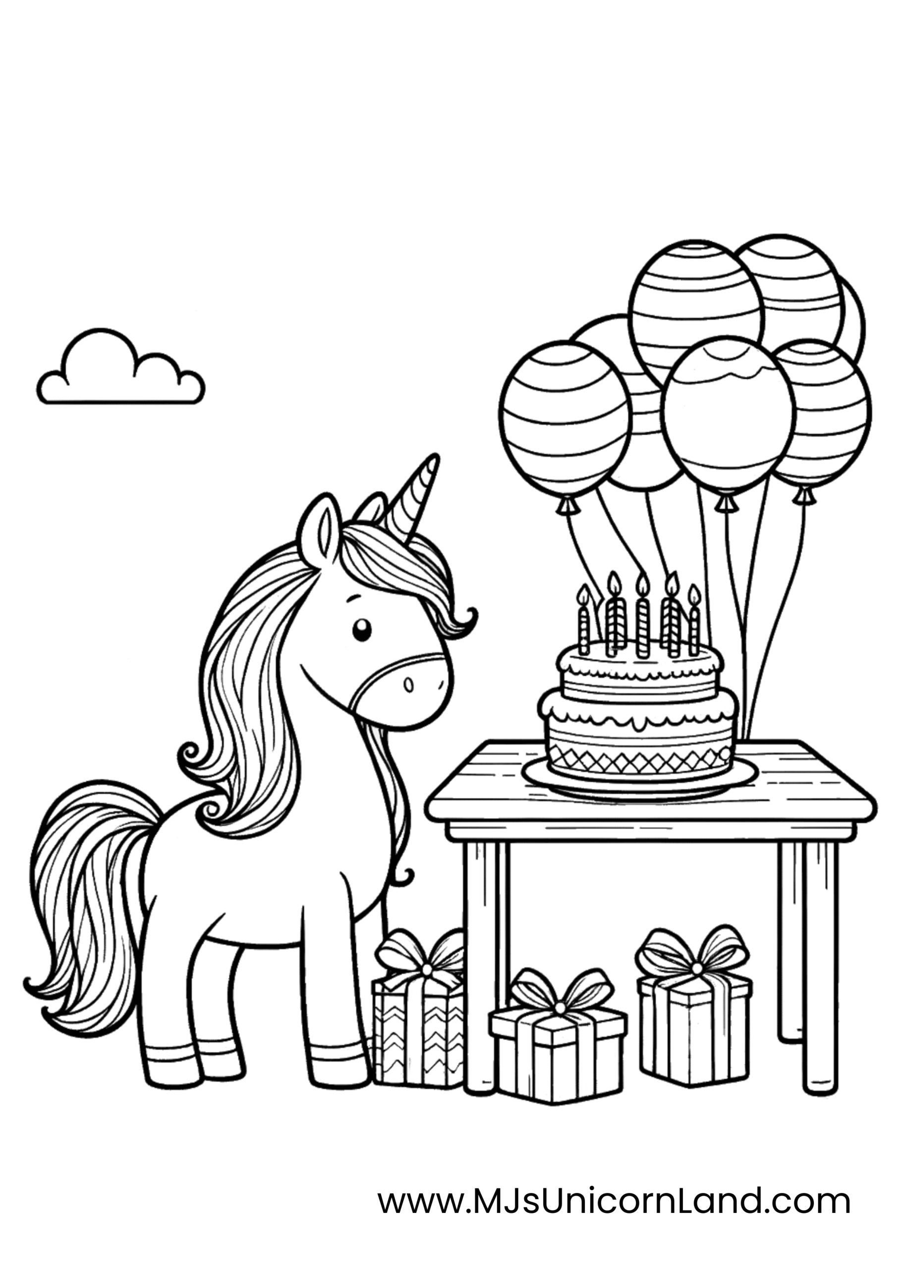 A detailed coloring page of a graceful unicorn standing beside a large, tiered birthday cake with many candles and balloons floating in the background.