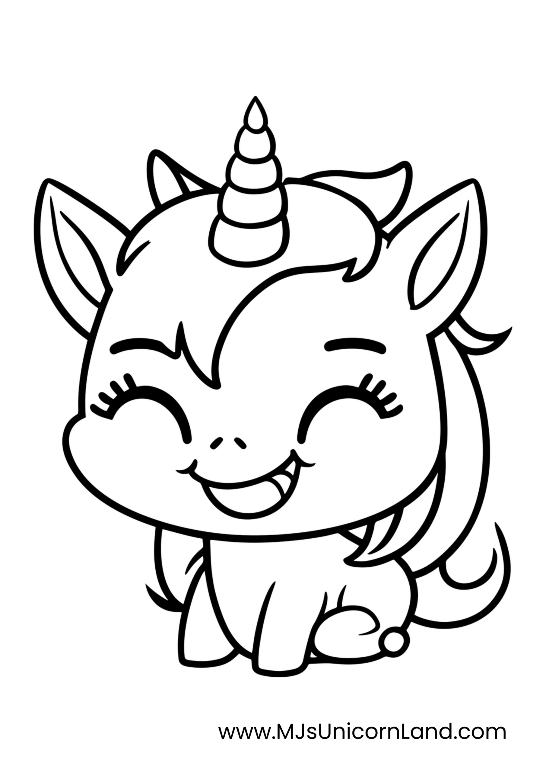 A line art coloring page of a very cute baby unicorn with big, happy eyes, a wide smile, and a short, spiky horn, sitting down.