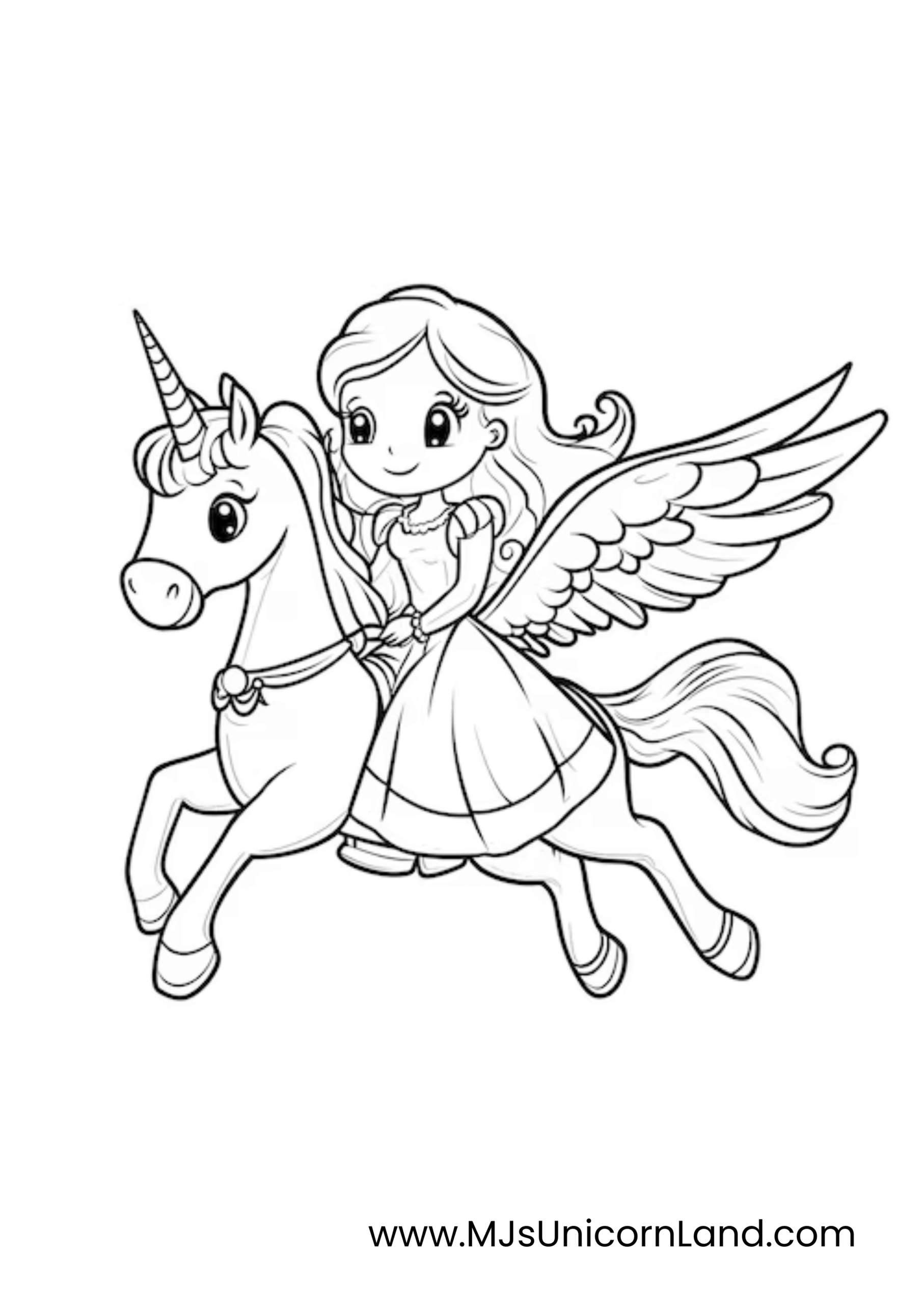 A line art coloring page of a cute princess with large eyes and a flowing dress, riding a flying unicorn with wings.