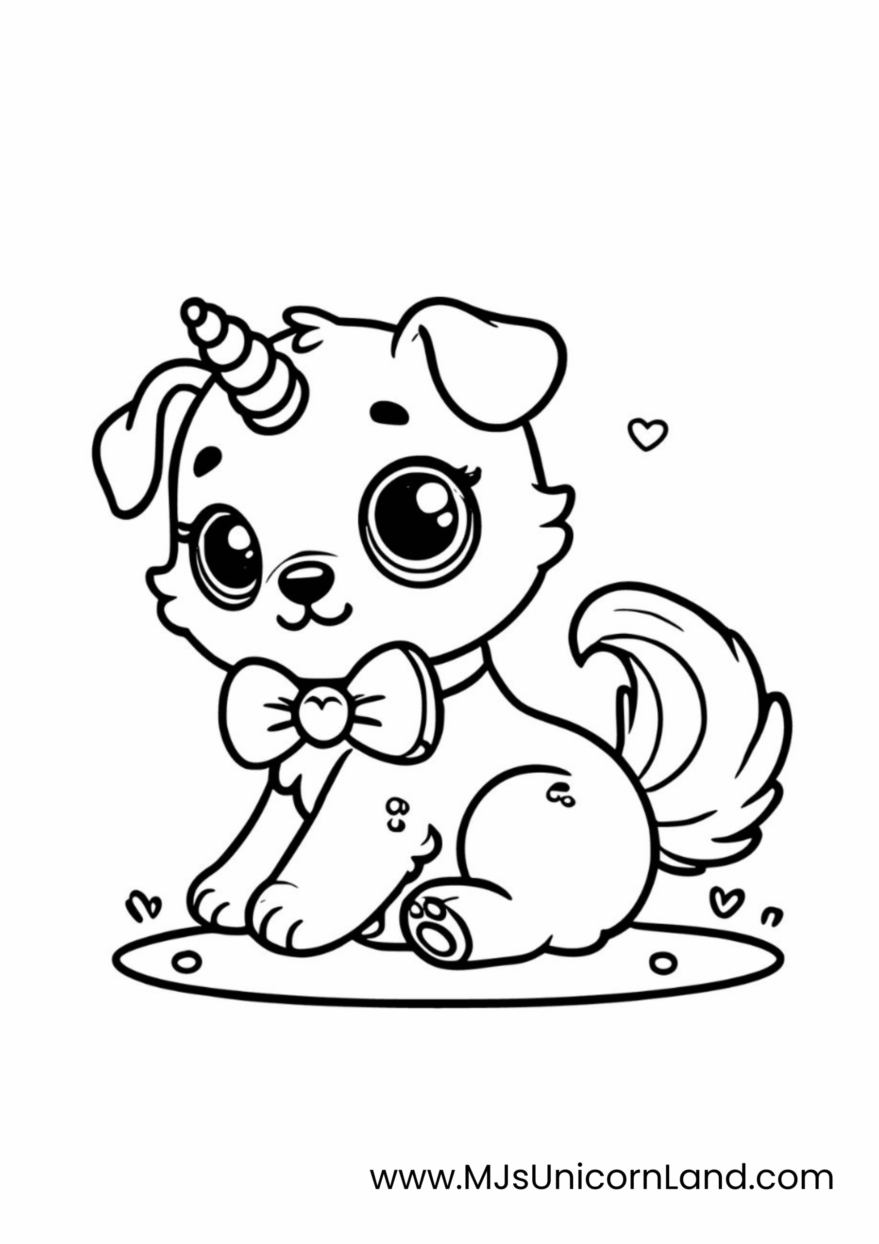 A line art coloring page of a cute "unipuppy" or unicorn dog wearing a bow tie, sitting happily with a small heart nearby.