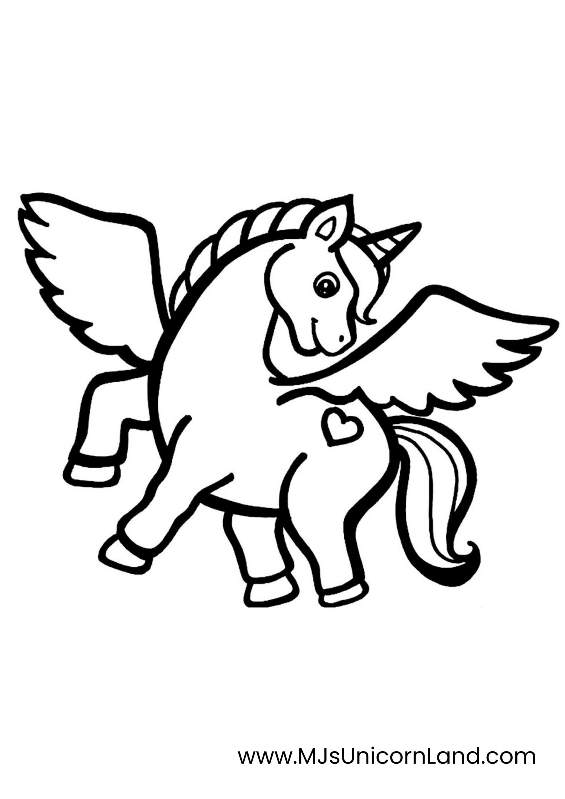 A simple coloring page of a magical winged unicorn, also known as an alicorn or pegasus unicorn, with a heart on its flank, ready to fly.
